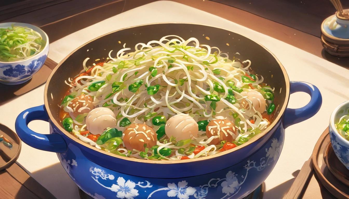 Stir-fried bean sprouts with blue and white porcelain, steam, close-up, anime, modern, super detail, award winning, best quality