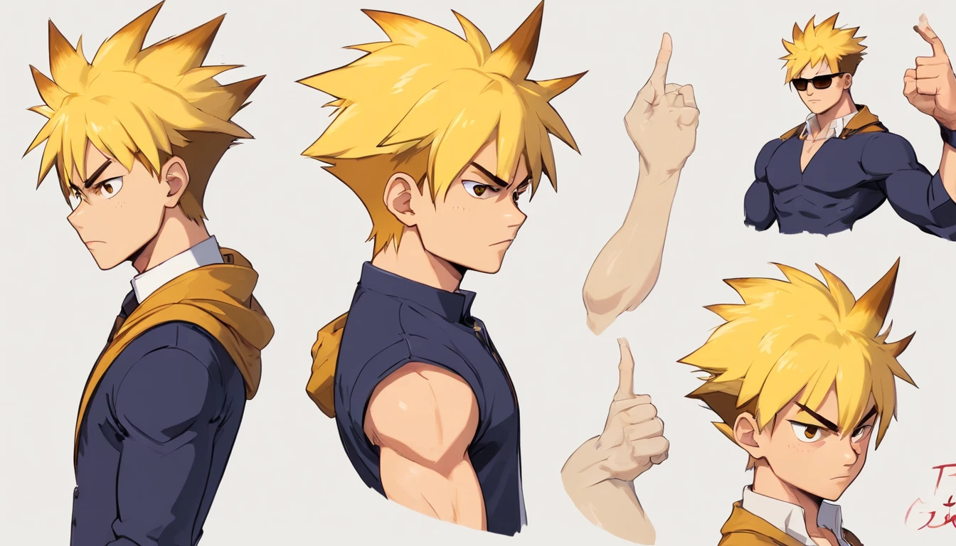 17 year old male named Calvin Chandra, yellow spiky high hair, face with (scars prominent in face), (((big muscular body))), dressed as a bodyguard with black jacket and sunglasses, always brings suitcase on his left hand, fierce yet kind face (((((character design sheet))))) ((((different poses different angles))))