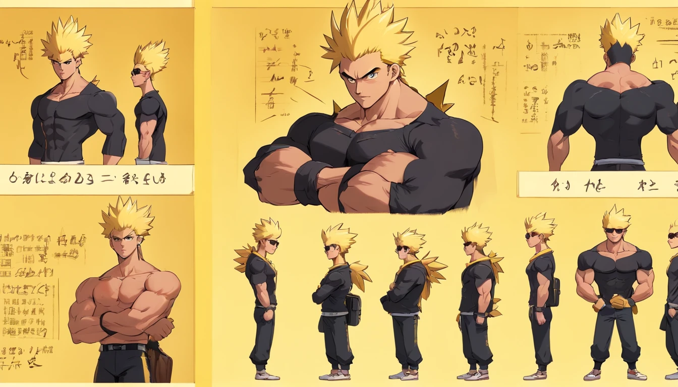 17 year old male named Calvin Chandra, yellow spiky high hair, face with (scars prominent in face), (((big muscular body))), dressed as a bodyguard with black jacket and sunglasses, always brings suitcase on his left hand, fierce yet kind face (((((character design sheet))))) ((((different poses different angles))))