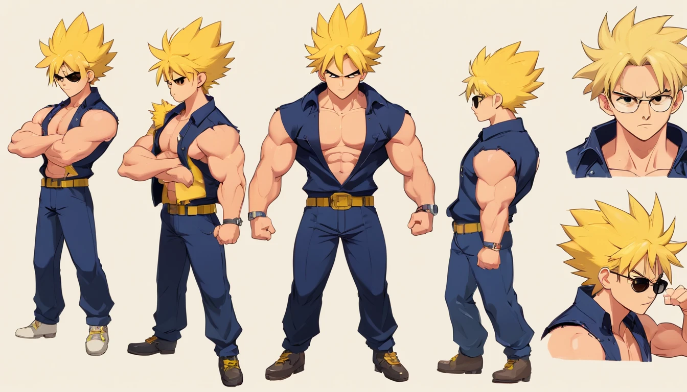 17 year old male named Calvin Chandra, yellow spiky high hair, face with (scars prominent in face), (((big muscular body))), dressed as a bodyguard with black jacket and sunglasses, always brings suitcase on his left hand, fierce yet kind face (((((character design sheet))))) ((((different poses different angles))))