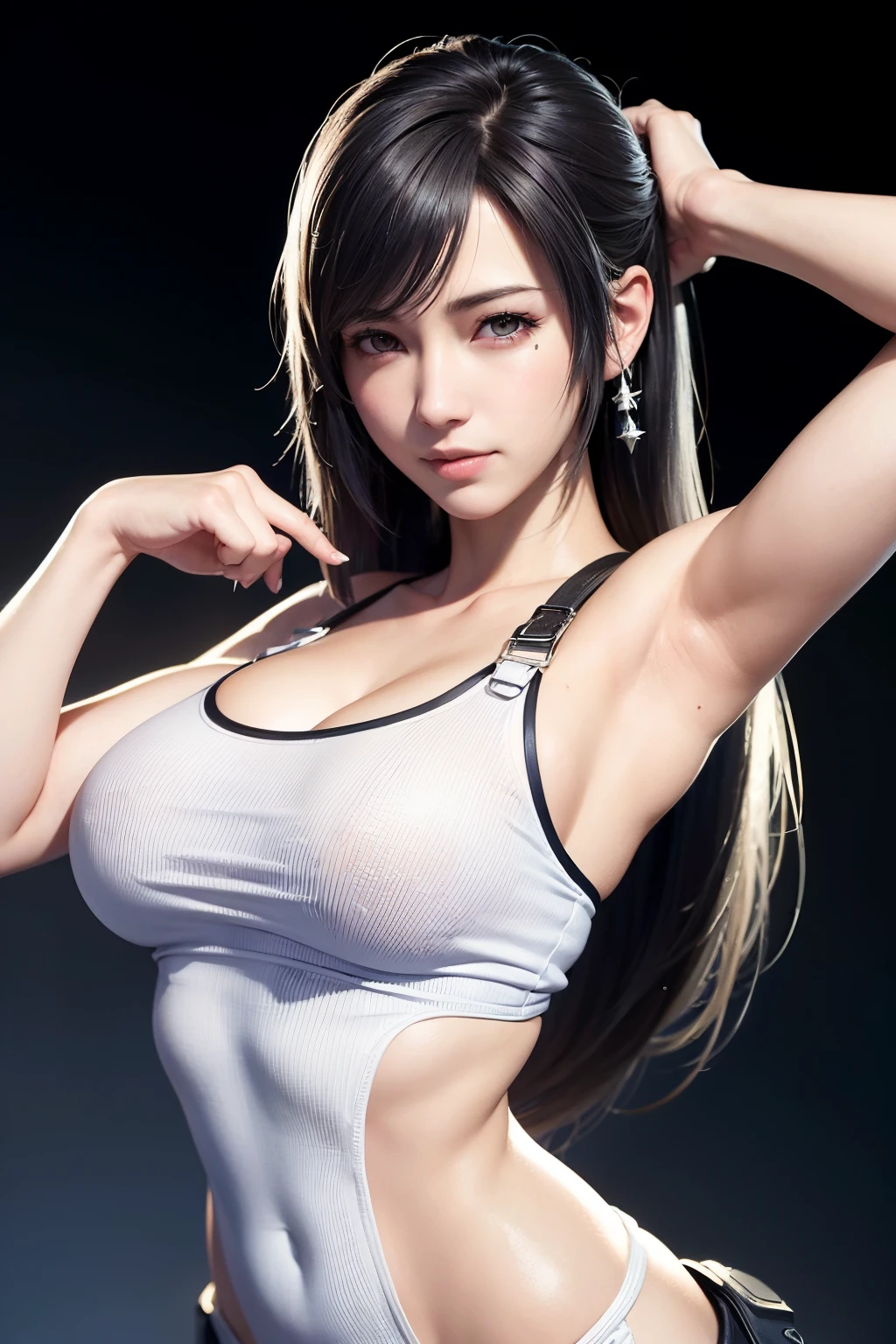 star eye、blash、(realisitic:1.5)、(A dark-haired:1.3)、(masuter piece、high-definition CG unified 8K wallpapers、top-quality、hight resolution:1.2)、(Ultras_Detailed、nffsw:1.2)、(pixiv:1.3)、Perfect Lighting、Clair、(1girl in:1.4)、(Beauty:1.2)、Watch Viewer、unrealengine、Side lighting、Perfect face、Detail Face、bangss、perfectbody、The best smile、beautidful eyes、odd eye、Clean face、(bright skin: 1.4)、Natural Shading、Kpop Idol)Watch viewers with calm, goddess-like happiness、A smile、cowboy shot、tilt of the head、grease、(Tifa Lockhart, Final Fantasy:1.4)、Tifa Lockhart costume、Spread your legs、smirking at viewer、Show the armpits