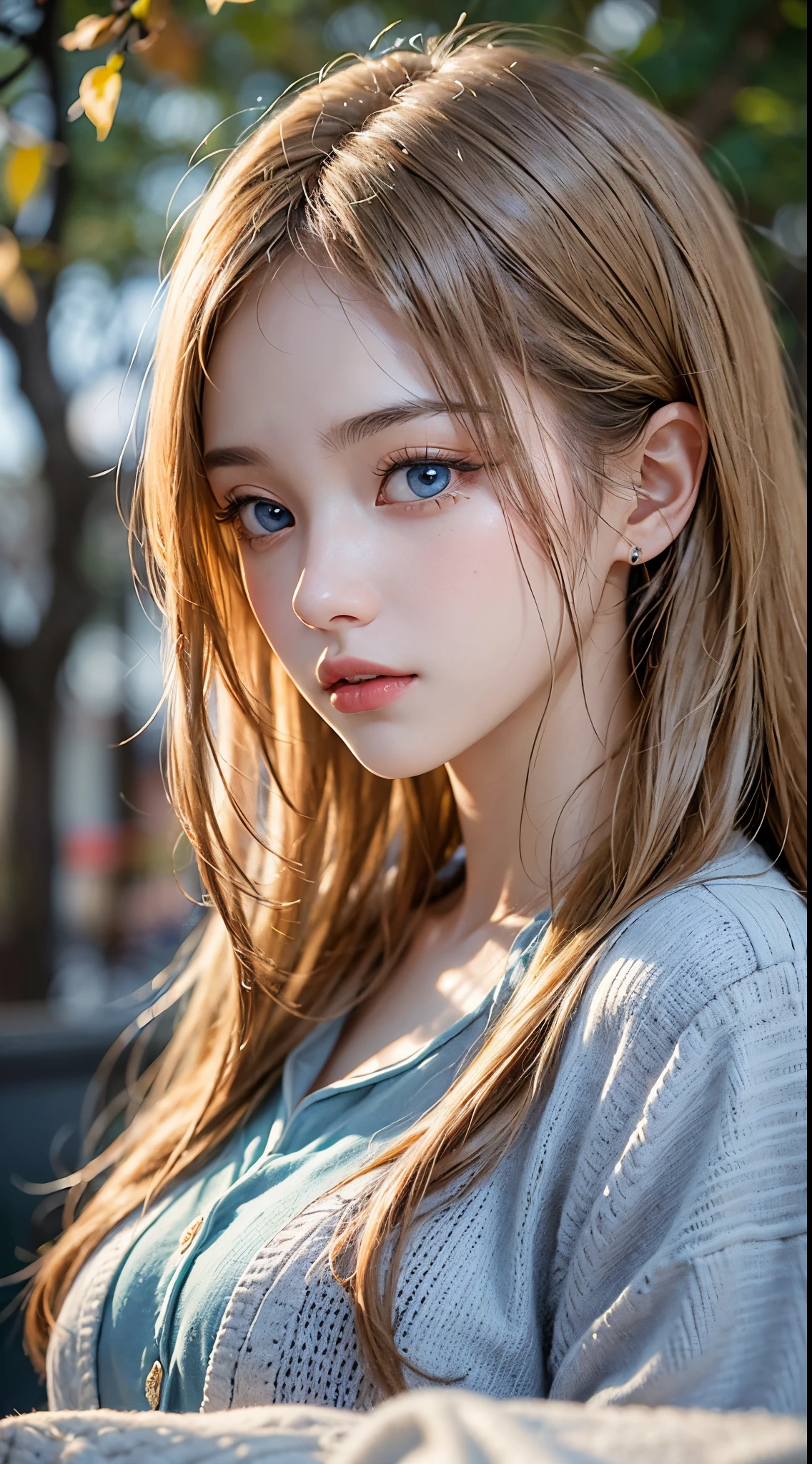 About 20 years old、Japan women、Beautiful woman、Blonde straight long hair、Beautiful hair、A detailed face、Detailed eyes、A detailed face、Detailed skin、realskin、((pajamas、Canadian pattern long cardigan))、autumn hospital、Hospital garden、Big ginkgo tree、((Light blue eyes))