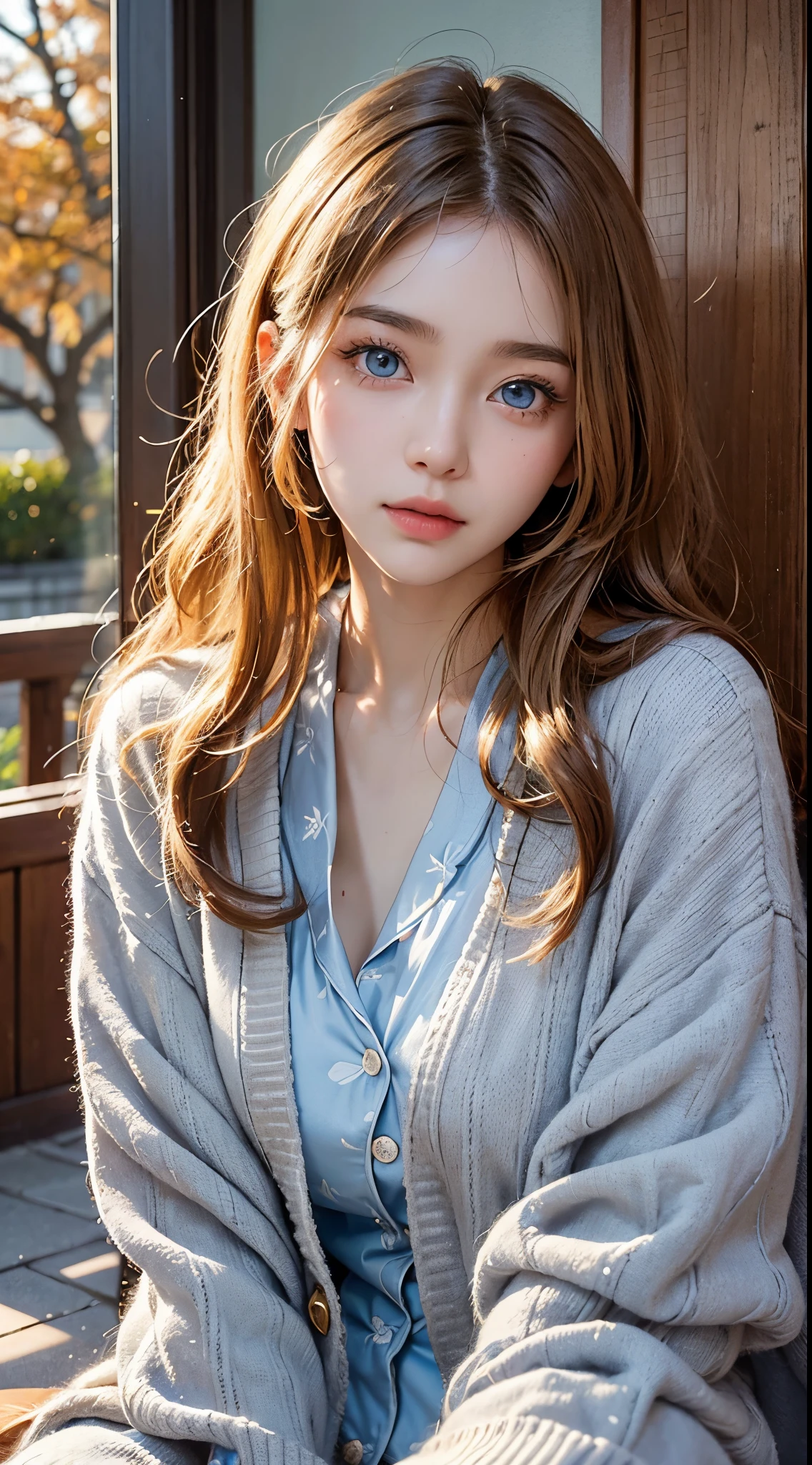 About 20 years old、Japan women、Beautiful woman、Blonde straight long hair、Beautiful hair、A detailed face、Detailed eyes、A detailed face、Detailed skin、realskin、((pajamas、Canadian pattern long cardigan))、autumn hospital、Hospital garden、Big ginkgo tree、((Light blue eyes))