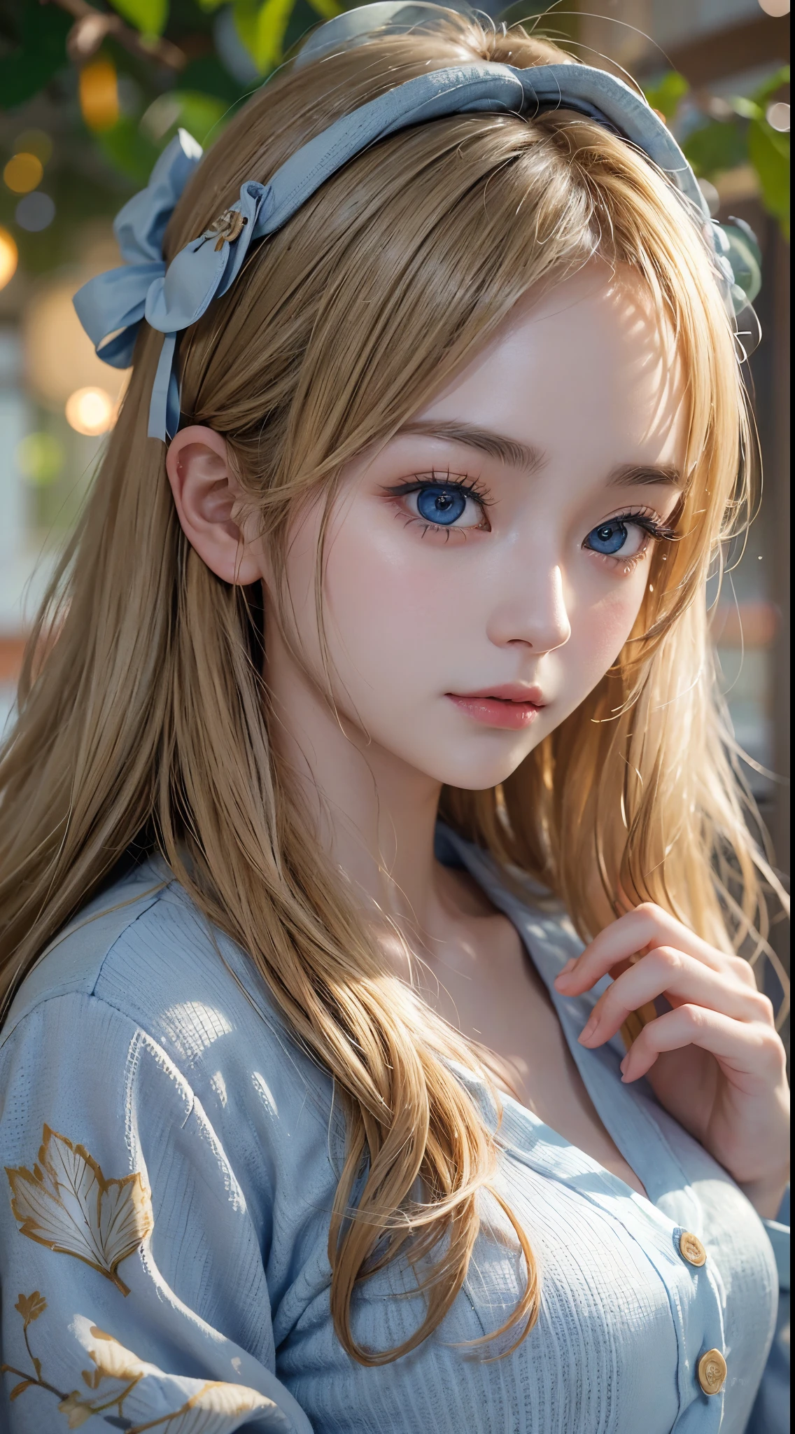About 20 years old、Japan women、Beautiful woman、Blonde straight long hair、Beautiful hair、A detailed face、Detailed eyes、A detailed face、Detailed skin、realskin、((pajamas、Canadian pattern long cardigan))、autumn hospital、Hospital garden、Big ginkgo tree、((Light blue eyes))