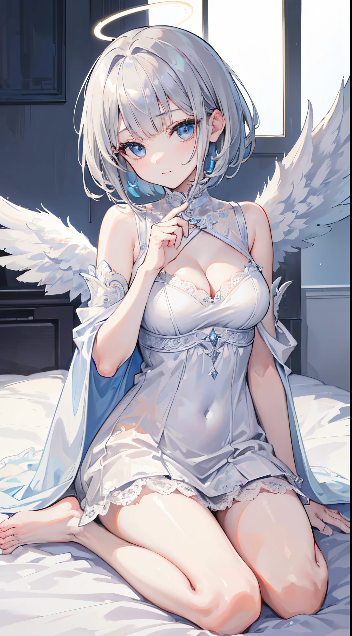 (8k、Top image quality、top-quality、​masterpiece)、A detailed face、1 girl in、Gray-haired shorthair、blunt bangs、light blue  eyes、(smil)、Halo、robe blanche、Strapless、cleavage、a miniskirt、one white winged、sandal、wariza、Sit on white sheets