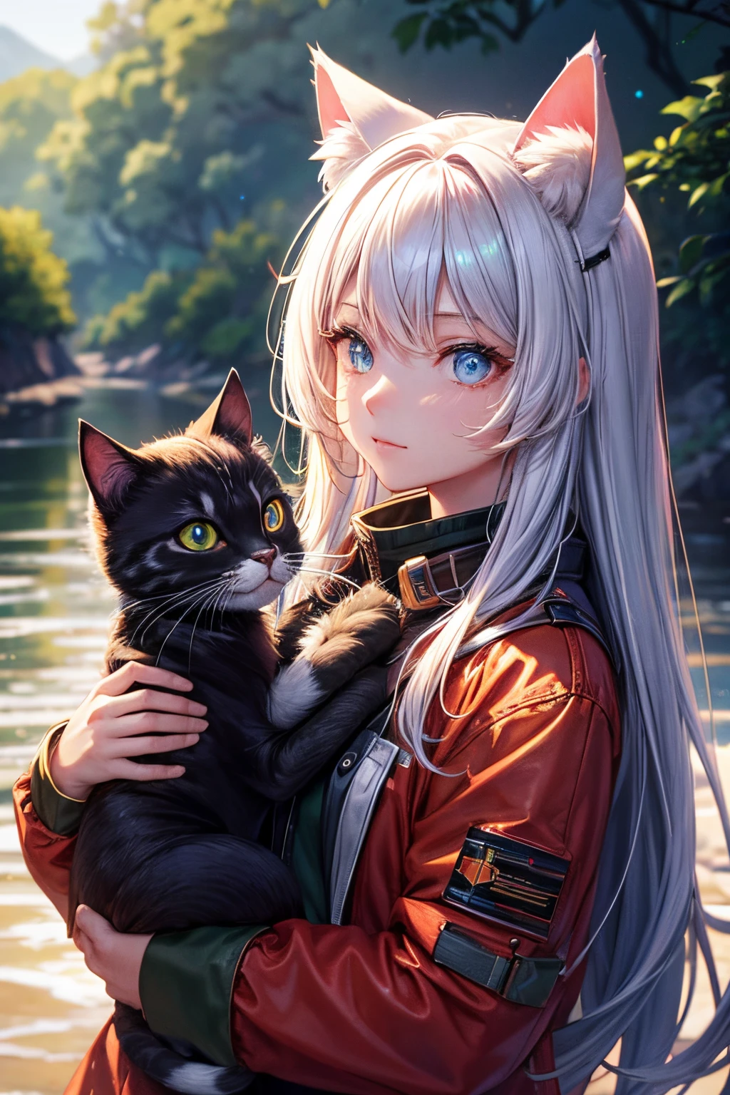 of the highest quality, High resolution, The perfect human structure, Background Focus, Front view, Glowing hair, Cat ears, Iridescent hair, River, Animals, Safari Jacket, Bright, Gradient Eyes, swept bangs,