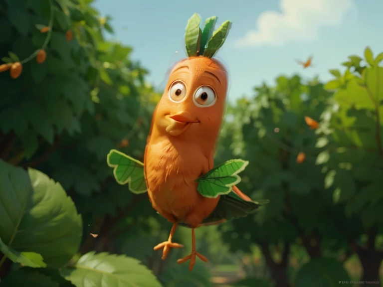 A carrot with green leaves on its head turns into a bird and flies in the sky,Pixar animation style