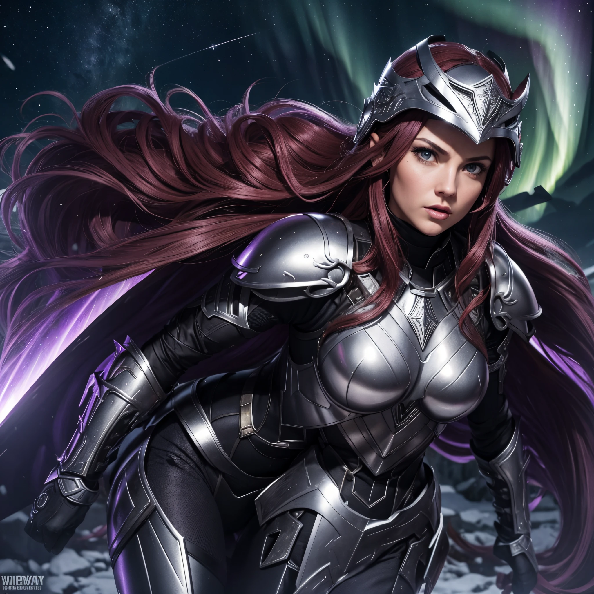 BOMBSHELL VALKYRIE, MATURE WOMAN, 30 YEARS OLD, HUGE LONG HAIR, RED HAIR, GRAY EYES, ROSY CHEEKS, VALKYRIE HELM, WINGS ON HELM, ANGRY FACE EXPRESSION, SILVER HELM, BLACK BODYSUIT UNDER ARMOUR, FULL BODY PURPLE ARMOUR, SHINING PURPLE ARMOUR, MITHOLOGY, NIGHTSKY, NORTHERN LIGHTS, CCURATE, 16K