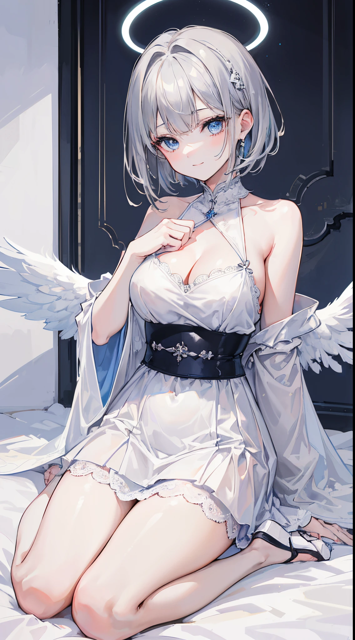 (8k、Top image quality、top-quality、masterpiece)、A detailed face、1 girl in、Gray-haired shorthair、blunt bangs、light blue eyes、(smil)、Halo、robe blanche、cleavage、a miniskirt、one white winged、sandal、wariza、Sit on white sheets