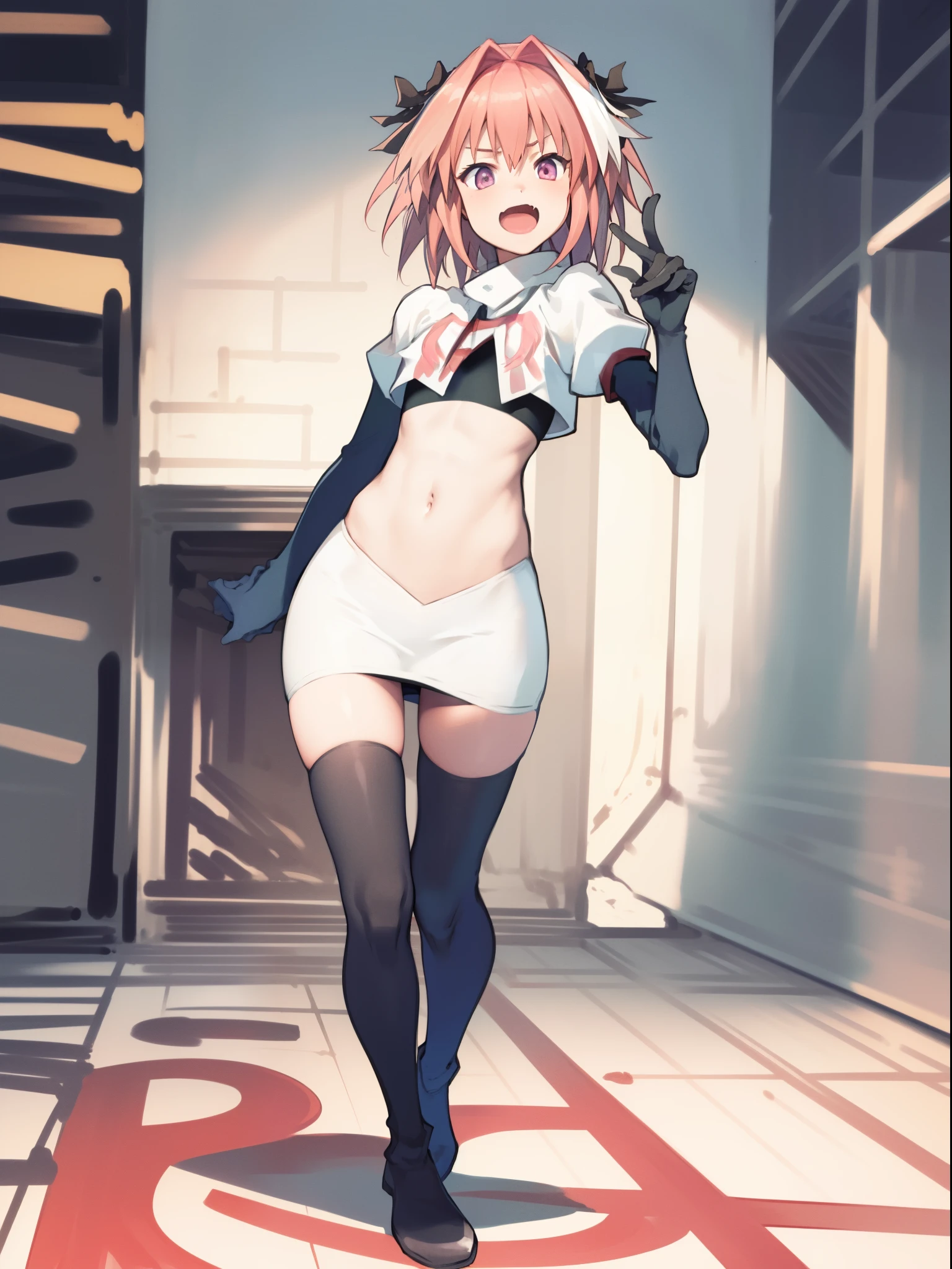 absurdres, masterpiece, best quality, (astolfo fate:1.2155), 1boy, male focus, trap, pink multicolored hair, pink hair, white hair, hair intakes, long hair, pink detailed eyes, crossdressing,1boy, team rocket,team rocket uniform, red letter R, white skirt,white crop top,black thigh-highs,black elbow gloves