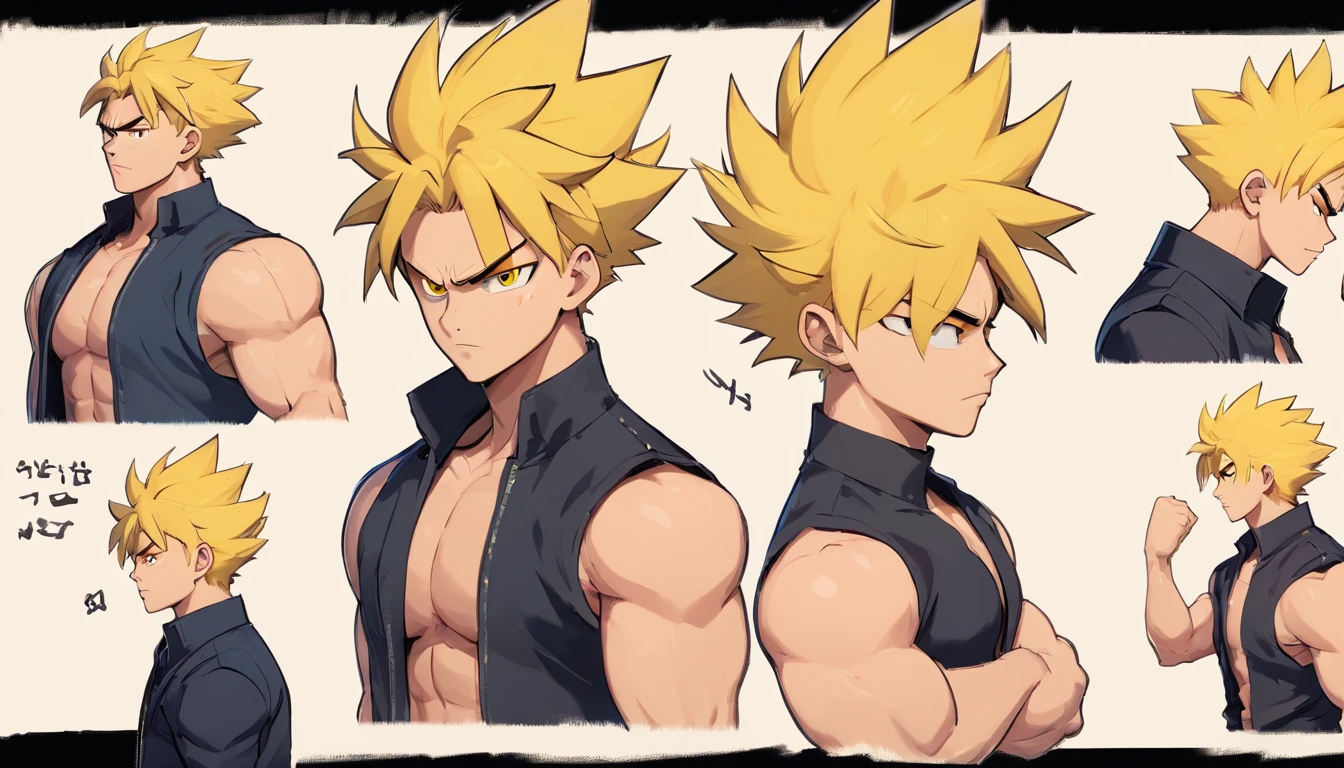 17 year old male named Calvin Chandra, yellow spiky high hair, face with (scars prominent in face), (((big muscular body))), dressed as a bodyguard with black jacket and sunglasses, always brings suitcase on his left hand, fierce yet kind face (((((character design sheet))))) ((((different poses different angles))))