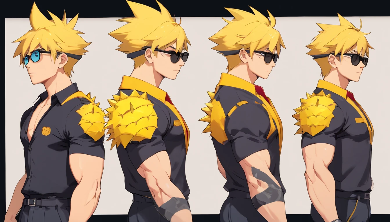 17 year old male named Calvin Chandra, yellow spiky high hair, face with (scars prominent in face), (((big muscular body))), dressed as a bodyguard with black jacket and sunglasses, always brings suitcase on his left hand, fierce yet kind face (((((character design sheet))))) ((((different poses different angles))))