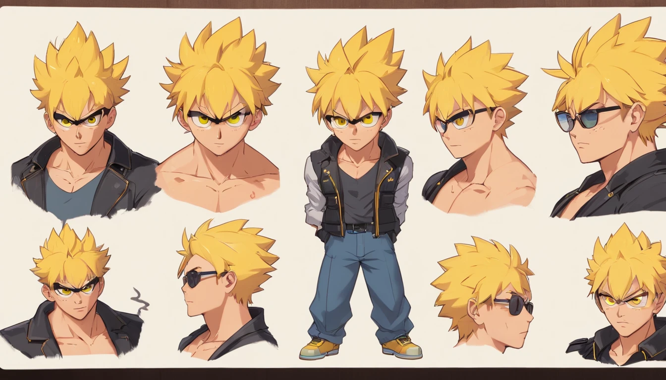 17 year old male named Calvin Chandra, yellow spiky high hair, face with (scars prominent in face), (((big muscular body))), dressed as a bodyguard with black jacket and sunglasses, always brings suitcase on his left hand, fierce yet kind face (((((character design sheet))))) ((((different poses different angles))))