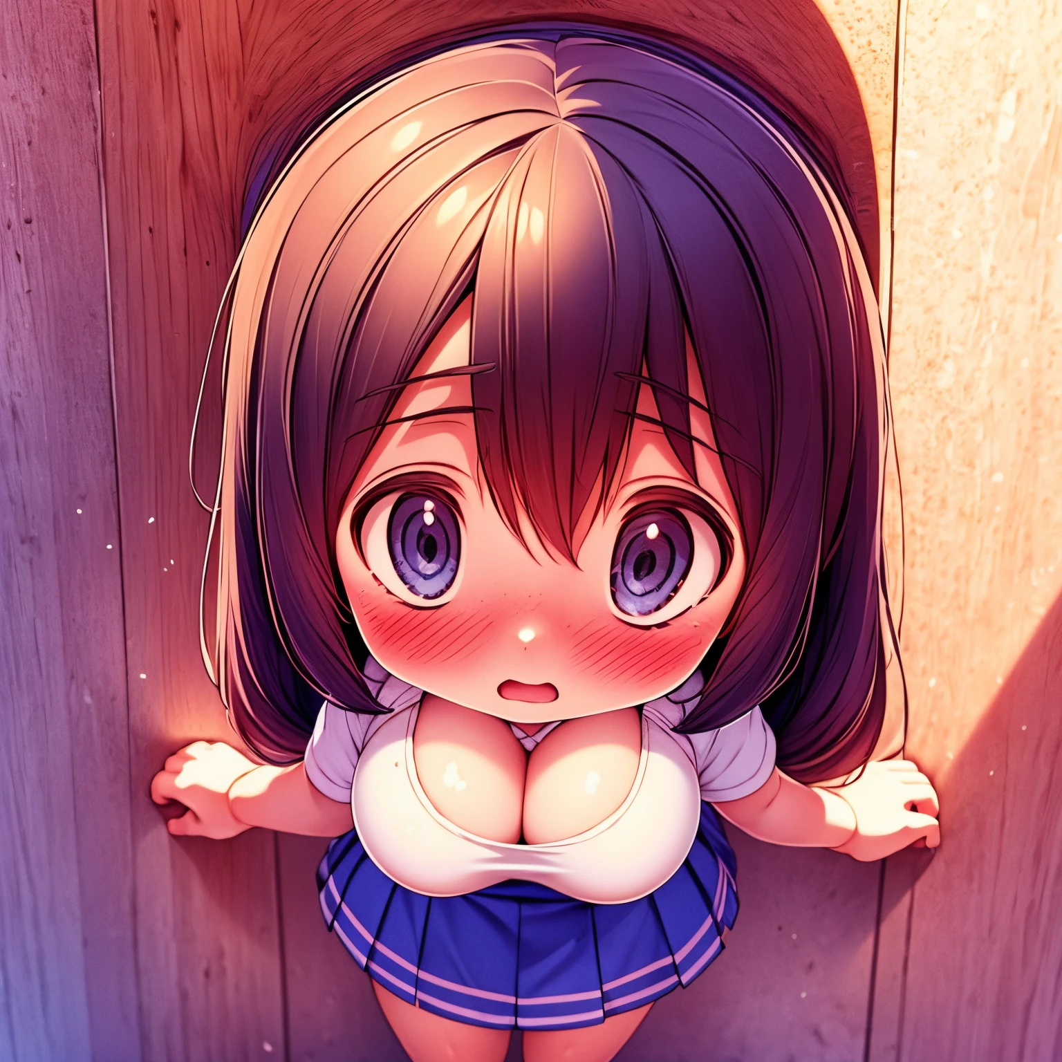 blue skirt, oppai loli, worried expression, looking from above, (Chest that seems to burst), glossy skin, back against the wall, scared, blushing, girl, cornered, shy, locker, school