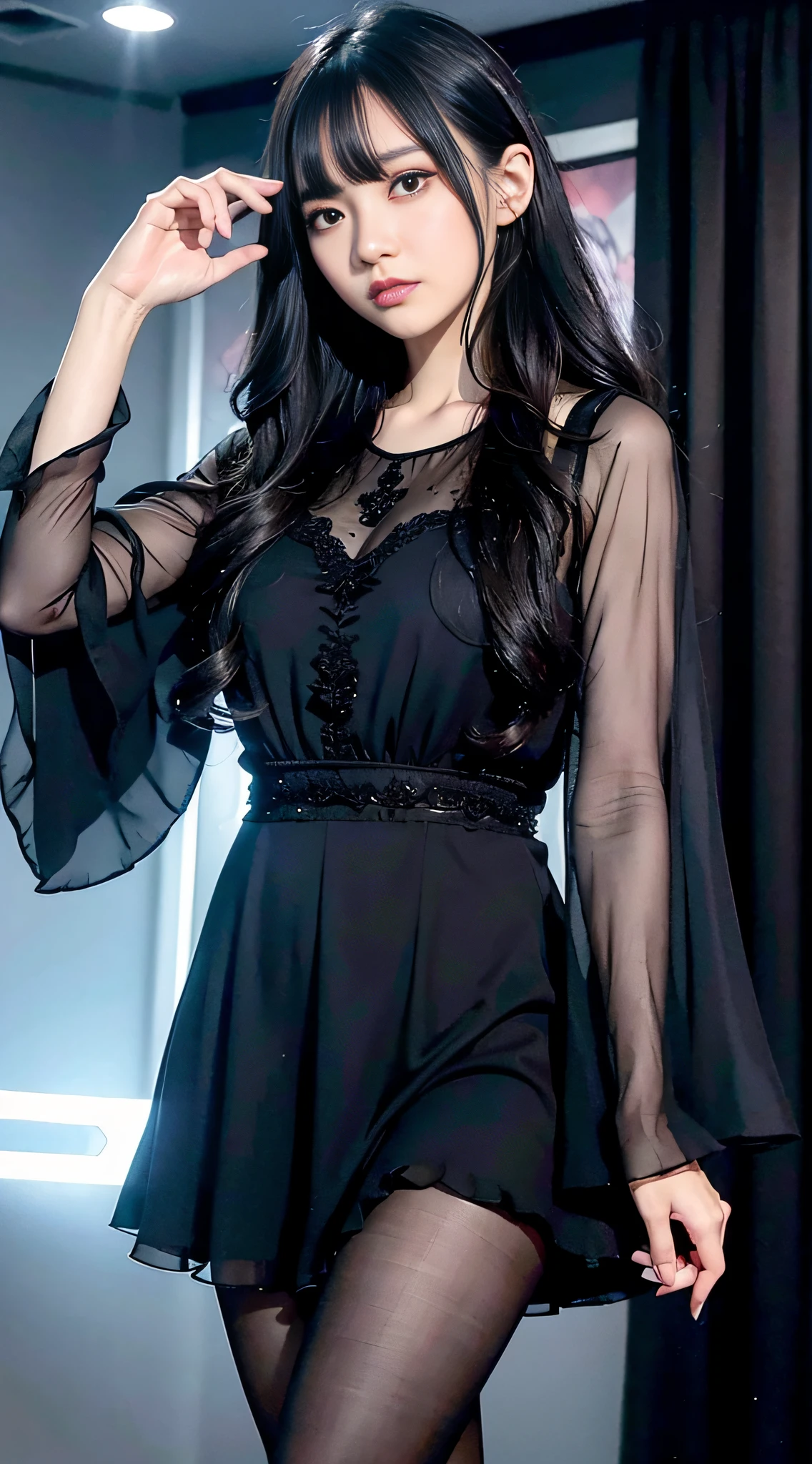 Ultra-detailed、Fascinating beauty、Dainty woman、Cool Girl、Wavy Hair、Black chiffon dress、Wide sleeves、flered skirt、Evil Female Executive、Evil Fall、brainwash、pantyhose、lacy fabric、Glossy legs、lipsticks、Evil look、Suspicious look、Hollow eyes、wicked、Reaching out、Over Head Shot、selfy、nightclubs、brainwash