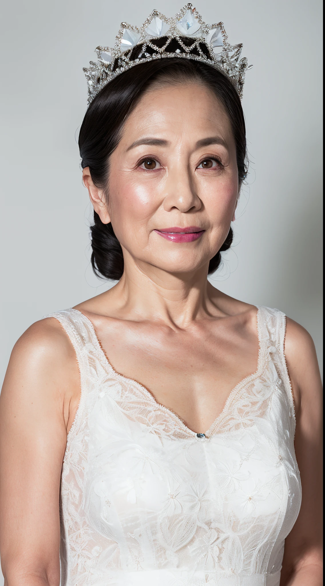 Remove Background, gravure, facing front, Wearing a tiara, Fancy makeup, from the chest up, masterpiece, Best Quality, Ultra-detailed, Photorealistic, super detailed skin, Perfect Anatomy, (1 japanese mature woman), (Solo), 95 years old, Large breasts, Mature Woman Politician, glamor, A sexy, Chromo-white skin, Looking at Viewer