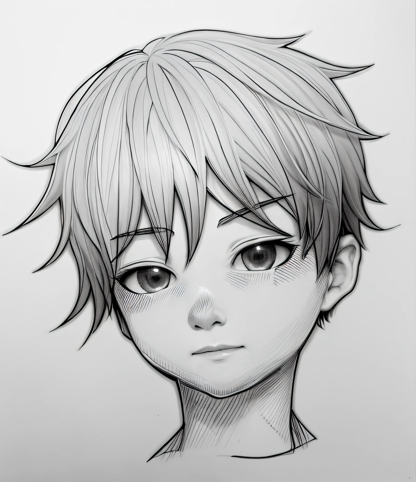 Boy drawing with short hair and tie, detailed anime soft face, detailed anime face, advanced face anime, anime shading), anime style drawing, seinen manga portrait, anime sketch, clean anime outline, clean detailed anime style, line art!!, cute natural anime face, flat anime style shading, intense line art, face anime portrait, high school , boy, Features, big smile and cuteness