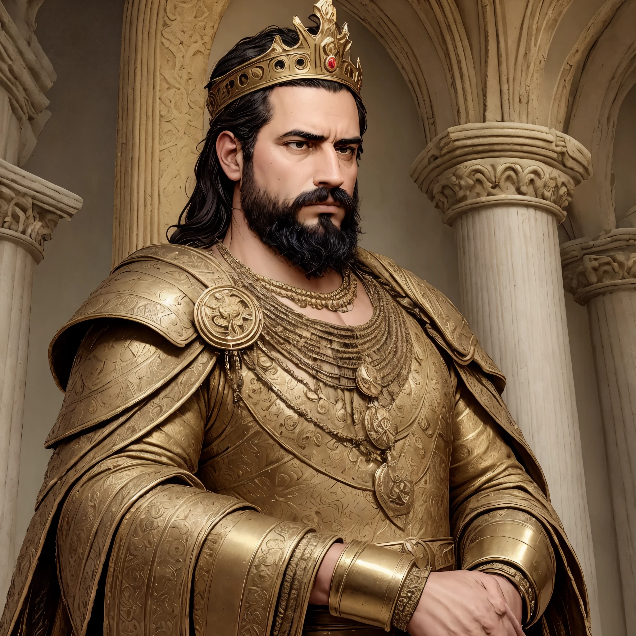 best quality,ultra-detailed,realistic,portrait,roman emperor,historical,outfit,luxurious crown,detailed armor,regal stance,imposing figure,age lines,wisdom in eyes,noble features,golden accessories,power and authority,ancient setting,elaborate background,stone pillars,royal purple color palette,soft sunlight,high contrast lighting,impressive details,defining shadows,stoic expression,commanding presence,bronze statue-like,texture and depth,immaculate craftsmanship,vivid colors,finest brush strokes,lifelike portrayal,masterpiece:1.2