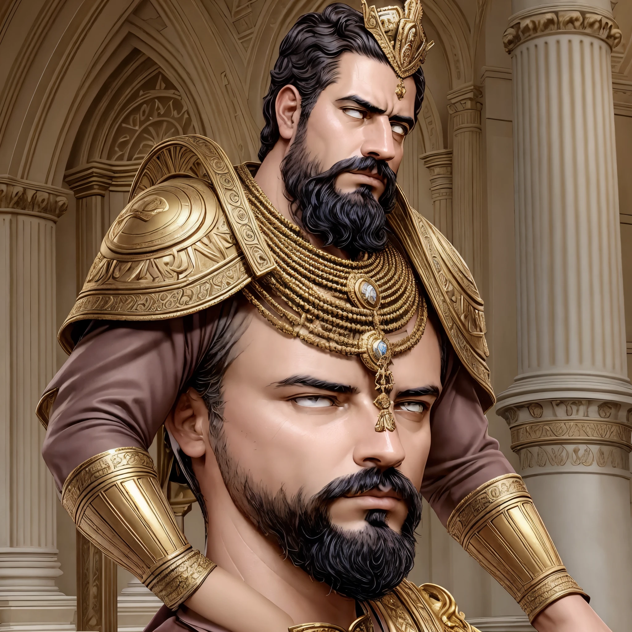 best quality,ultra-detailed,realistic,portrait,roman emperor,historical,outfit,luxurious crown,detailed armor,regal stance,imposing figure,age lines,wisdom in eyes,noble features,golden accessories,power and authority,ancient setting,elaborate background,stone pillars,royal purple color palette,soft sunlight,high contrast lighting,impressive details,defining shadows,stoic expression,commanding presence,bronze statue-like,texture and depth,immaculate craftsmanship,vivid colors,finest brush strokes,lifelike portrayal,masterpiece:1.2