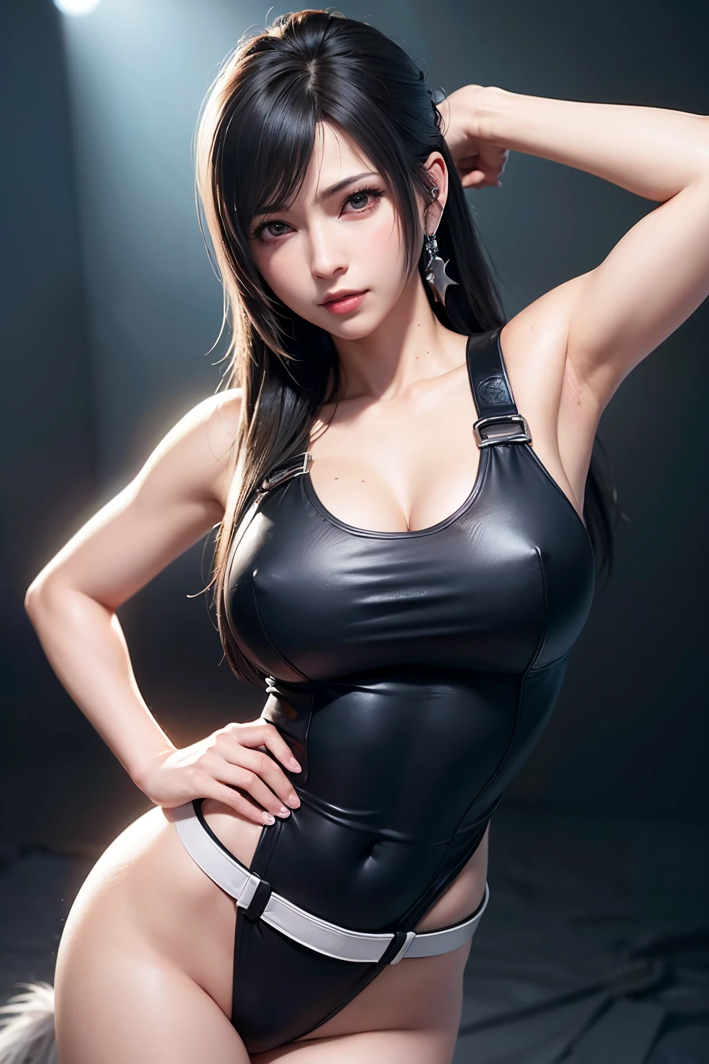 star eye、blash、(realisitic:1.5)、(A dark-haired:1.3)、(masuter piece、high-definition CG unified 8K wallpapers、top-quality、hight resolution:1.2)、(Ultras_Detailed、nffsw:1.2)、(pixiv:1.3)、Perfect Lighting、Clair、(1girl in:1.4)、(Beauty:1.2)、Watch Viewer、unrealengine、Side lighting、Perfect face、Detail Face、bangss、perfectbody、The best smile、beautidful eyes、odd eye、Clean face、(bright skin: 1.4)、Natural Shading、Kpop Idol)Watch viewers with calm, goddess-like happiness、A smile、cowboy shot、tilt of the head、grease、(Tifa Lockhart, Final Fantasy:1.4)、Tifa Lockhart costume、Spread your legs、smirking at viewer、Show the armpits