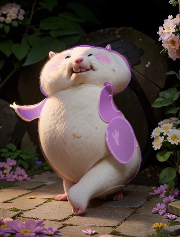 fluffy (best quality,ultra-detailed), fat rat on the ground, after a meal. (realistic,photorealistic), cozy lighting, in a garden, surrounded by colorful flowers, with vibrant hues.