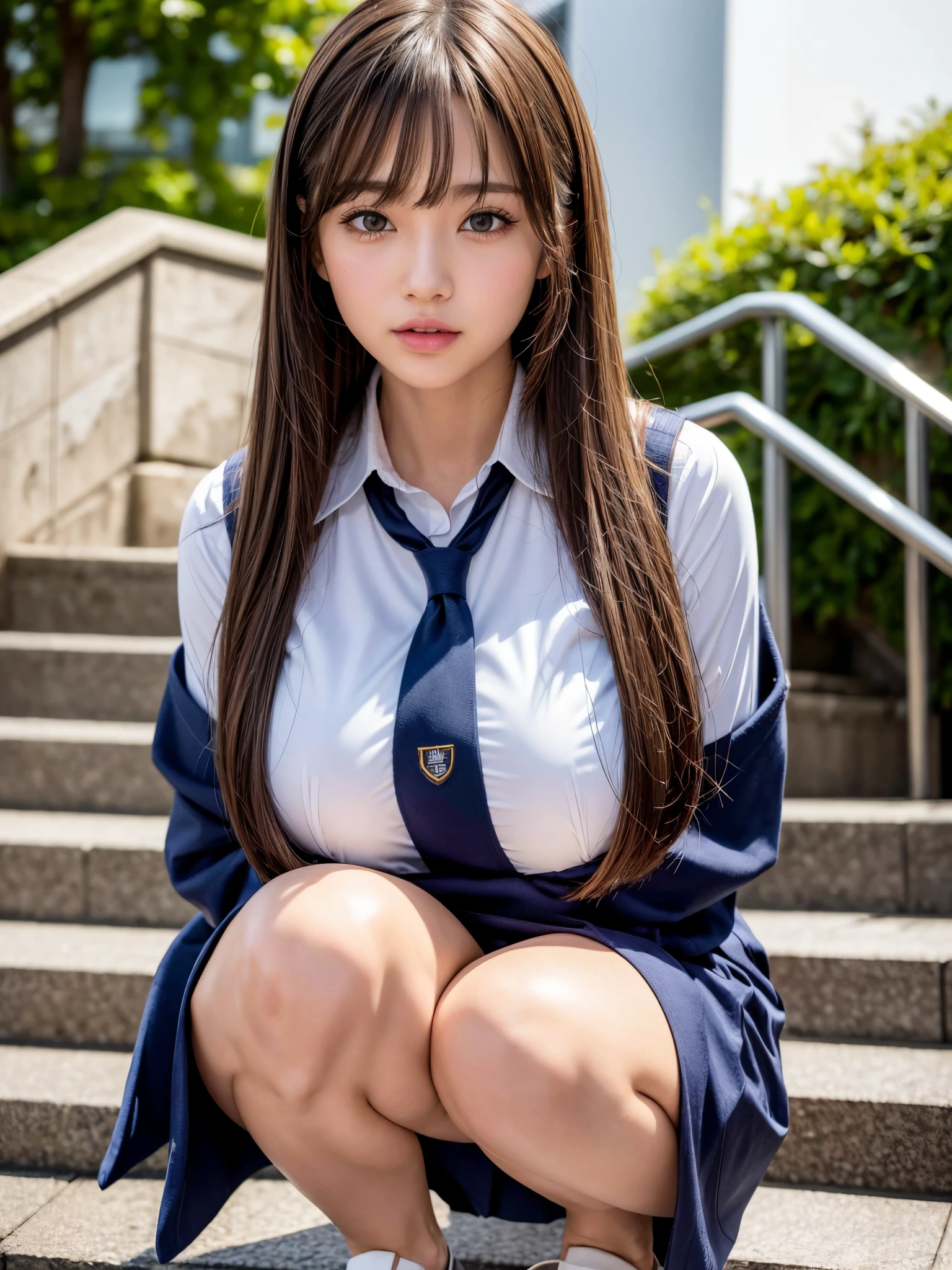 8K,Best Quality, masutepiece, ultra-detailliert, 超A high resolution, Photorealistic, Raw photo, absurderes, absolutely resolution, 1girl in, Solo,Upper body, Looking at Viewer,a Japanese young pretty girl,hyper cute face, Glamorous figure, huge-breasted, cleavage, Long bob hair ,Smile,(School uniform:1.3),(She's squatting on the station steps) ,Glossy lips, Double eyelids in both eyes, Natural makeup, long eyelashes, Glossy smooth light brown long bob hair, asymmetrical bangs, Shiny skin, central image, High resolution, high detailing, detailed hairstyle, Detailed face, spectacular movie lighting, Octane Rendering, Vibrant, Hyper realistic, Perfect limbs, Perfect Anatomy