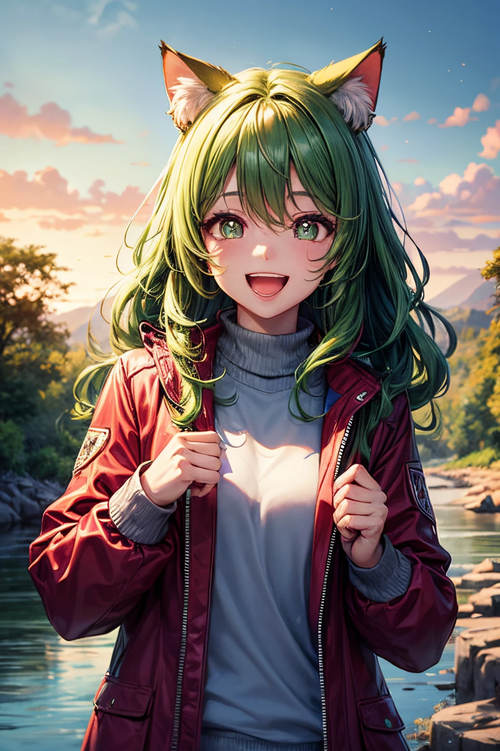 of the highest quality, High resolution, The perfect human structure, Background Focus, Front view, Shiny hair, Cat ears, Green hair, River, Safari Jacket, multicolored hair, Laughing happily, star-shaped pupils, Wavy Hair