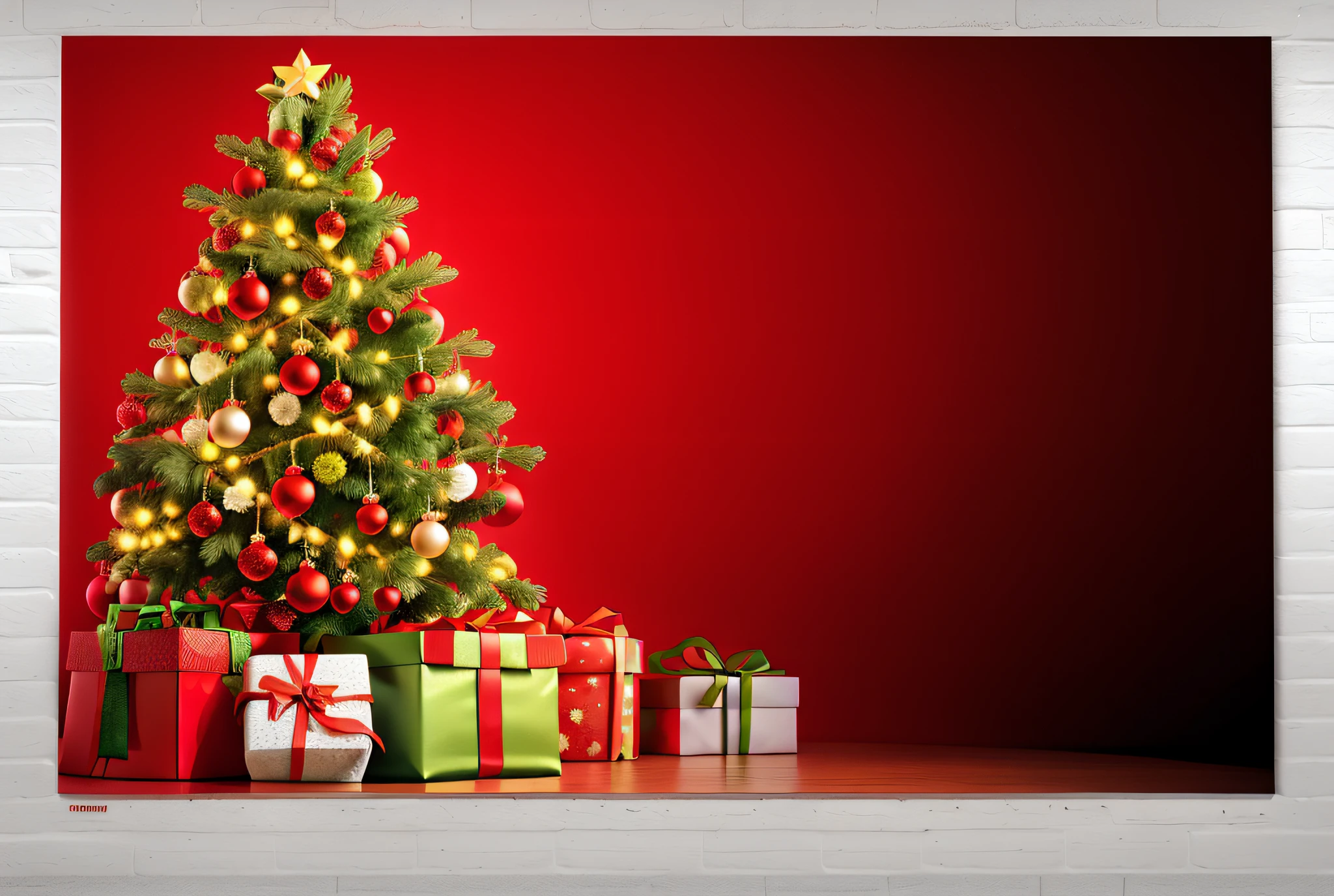 christmas tree with gifts on the floor and red background