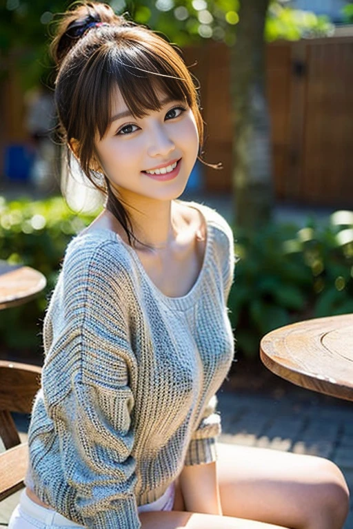 (8K、Raw photography、top-quality、masterpiece:1.2)、(realisitic、Photorealsitic:1.37)、ultra-detailliert、超A high resolution、1人、see the beholder、beautifull detailed face、A smile、Constriction、(Slim waist) :1.3)、Beautiful detailed skin、Skin Texture、Straight hair、Professional Lighting、Whole human body、Short hair、a blond、hi-school girl、School Grounds、Small breasts、Bob Hair、Happy smile、perspiring、(White panties:1.1)、(Sitting table:1.2)、(Facing the front)、(Low ponytail:1.1)、(Striped Knit Shirt:1.1)