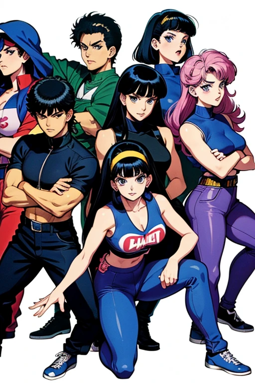 full body picture group of gang members white background 80s retro manga style hirko araki inspired front manga cover