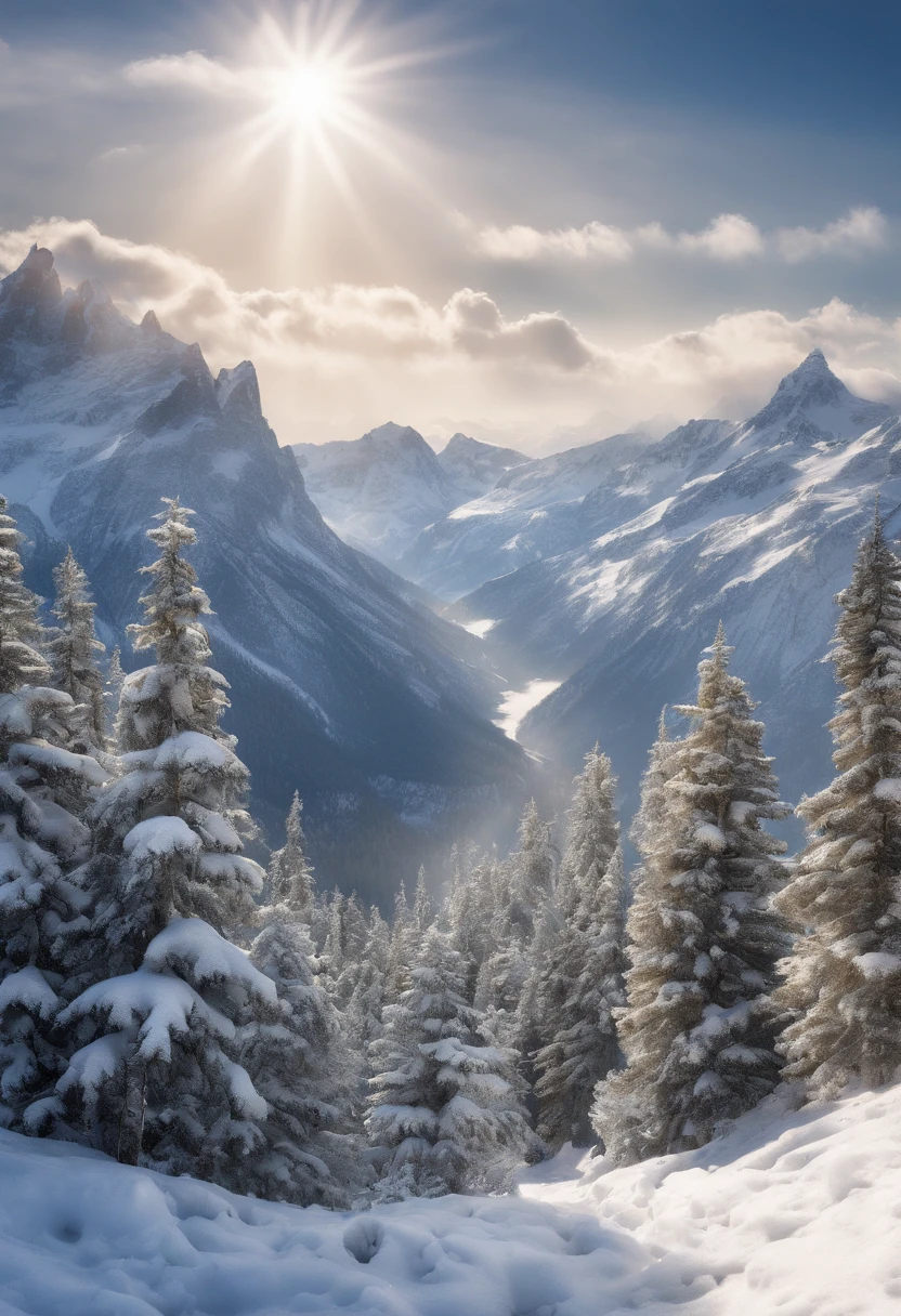 (best quality,4k,8k,highres,masterpiece:1.2),ultra-detailed,(realistic,photorealistic,photo-realistic:1.37),mountainous landscape,snow-capped peaks,serene and majestic scenery,winter wonderland,natural beauty,tranquil atmosphere,crystal-clear blue sky,fresh white snow,gleaming ice,sparkling sunlight,dazzling reflections,spectacular view,pristine wilderness,lush evergreen trees,peaceful silence,sublime landscape,awe-inspiring heights,enchanting scenery,ethereal beauty,serenity in nature,remote and untouched,untamed wilderness,blissful solitude,frozen wonder,untamed beauty,harmony of elements,majestic cliffs,stunning panoramic view,harsh yet captivating,snowy slopes,reaching to the heavens,unyielding mountains,white-cloaked peaks,graceful slopes,expansive ridges,immense grandeur,sublime scenery,natural masterpiece, jaw-dropping beauty