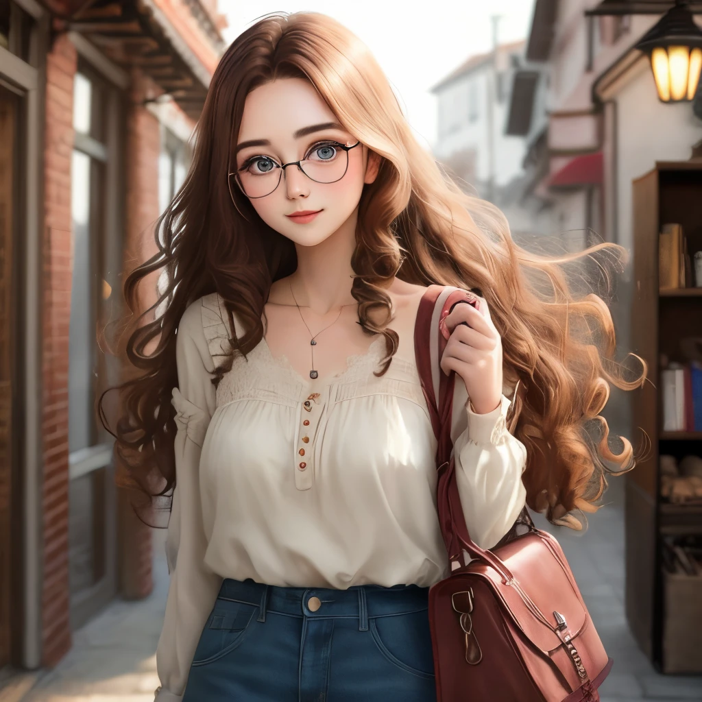 Girl brown hair long hair curly hair round glasses soft