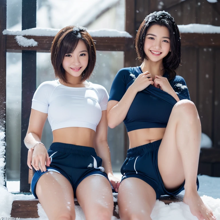 (A hyper-realistic、reallistic、Raw photography、masterpiece:1.3)、(Hoihoi:1.2)、(A hyper-realistic), (4In K), (ighly detailed), (The best illustrations),Brown hair、Heavy sweat、Attractive woman、bbw、Chunky lips、shiny lips、large udder、((Tight gym clothes、Has a snow-white short-sleeved top and very small shorts in dark blue.):1.3)、(A smile:1.3)、fully body photo、no-bra、Nipples are standing、soaked、Sitting with legs open、(camel's toe:1.3)、Looking at Viewer