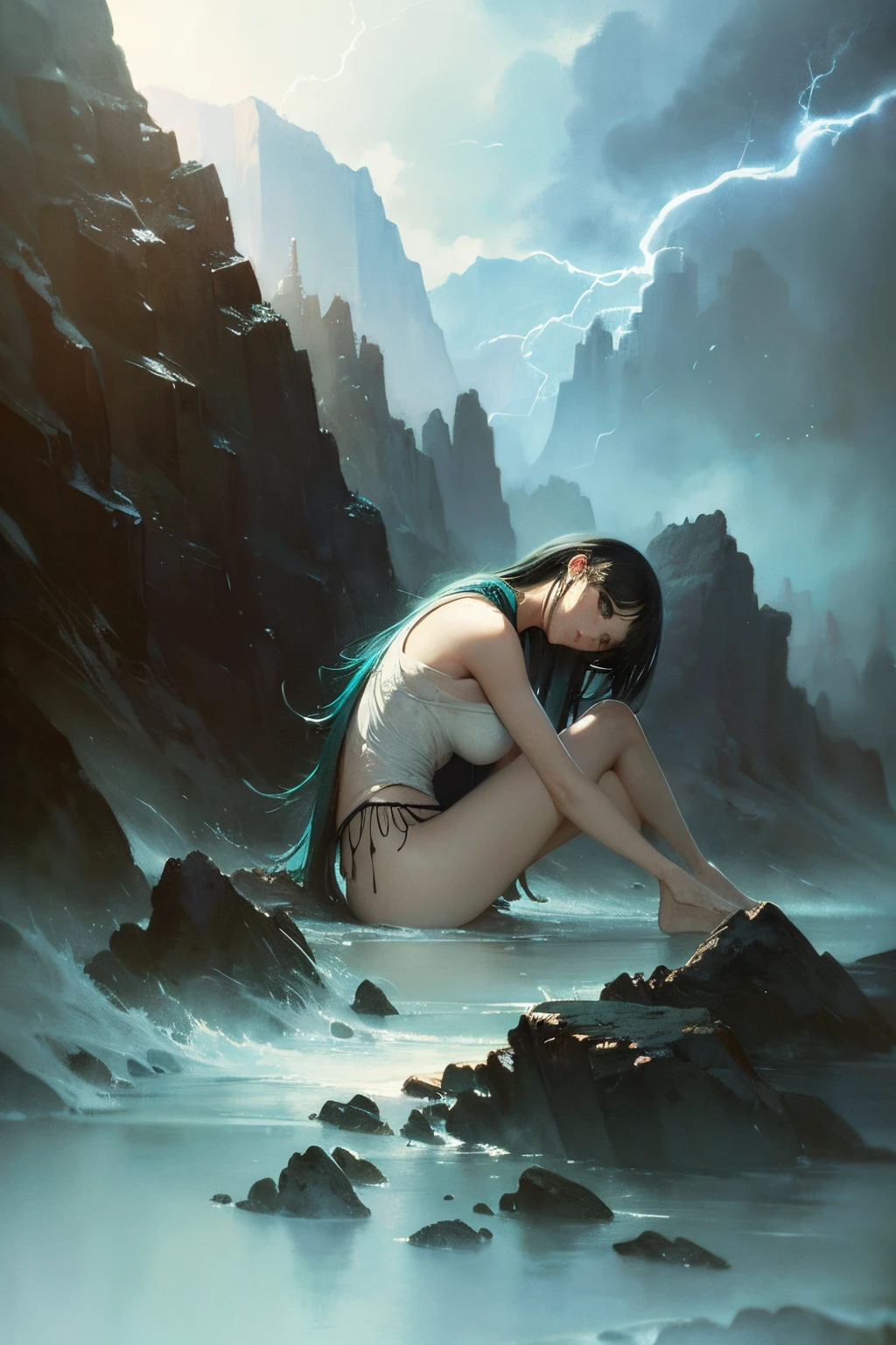 (masterpiece), anime, best quality,(photo_(medium):1.0), by Antonio J. Manzanedo, by Jeremy Lipking, lightning, in a surreal landscape, painting style with watercolor, Brush Strokes, black eyes,colorful,vibrant colors,1girl
