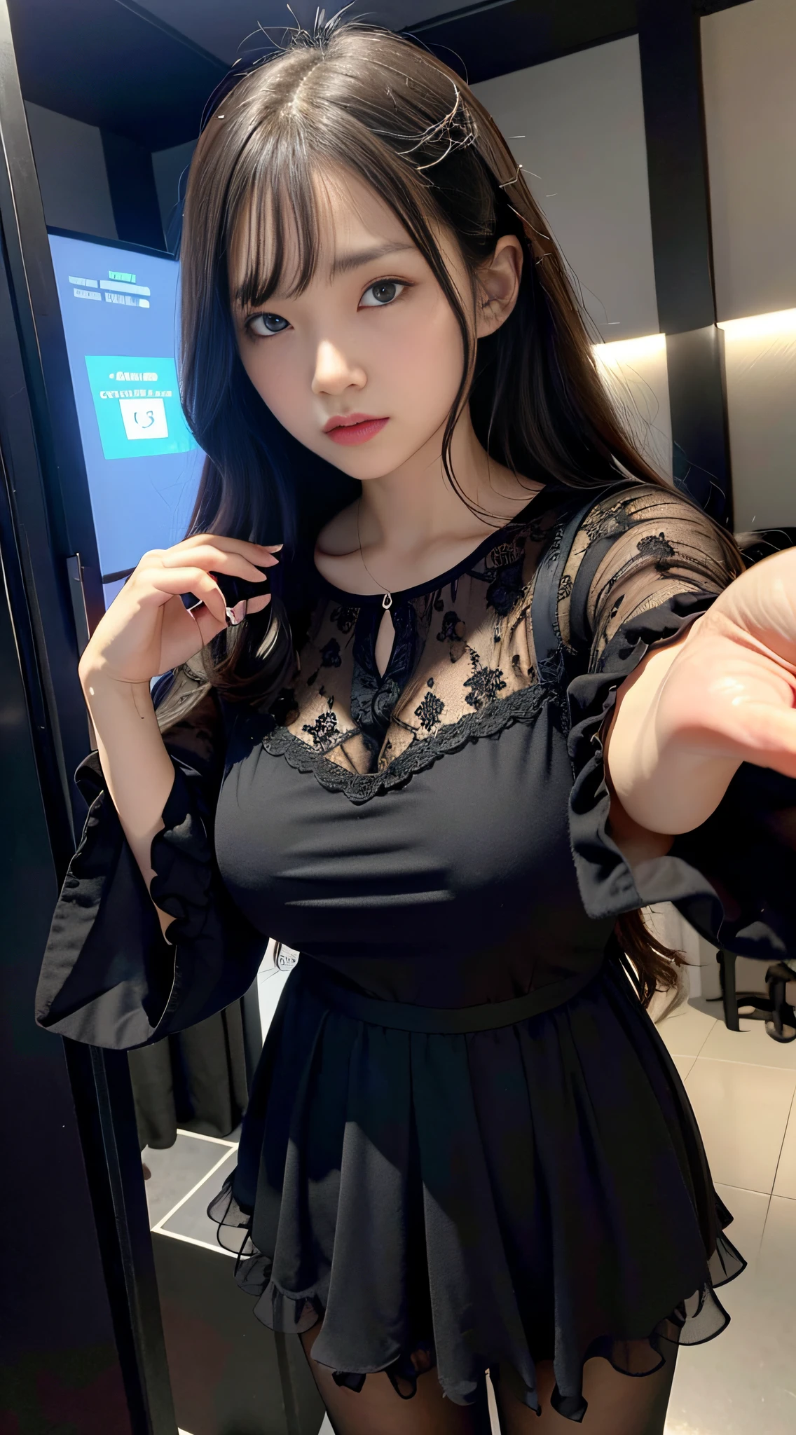 Ultra-detailed、Fascinating beauty、Dainty woman、Cool Girl、Wavy Hair、Black chiffon dress、Wide sleeves、flered skirt、Evil Female Executive、Evil Fall、brainwash、pantyhose、lacy fabric、Glossy legs、lipsticks、Evil look、Suspicious look、Hollow eyes、wicked、Reaching out、Over Head Shot、selfy、nightclubs、brainwash、a possessed woman