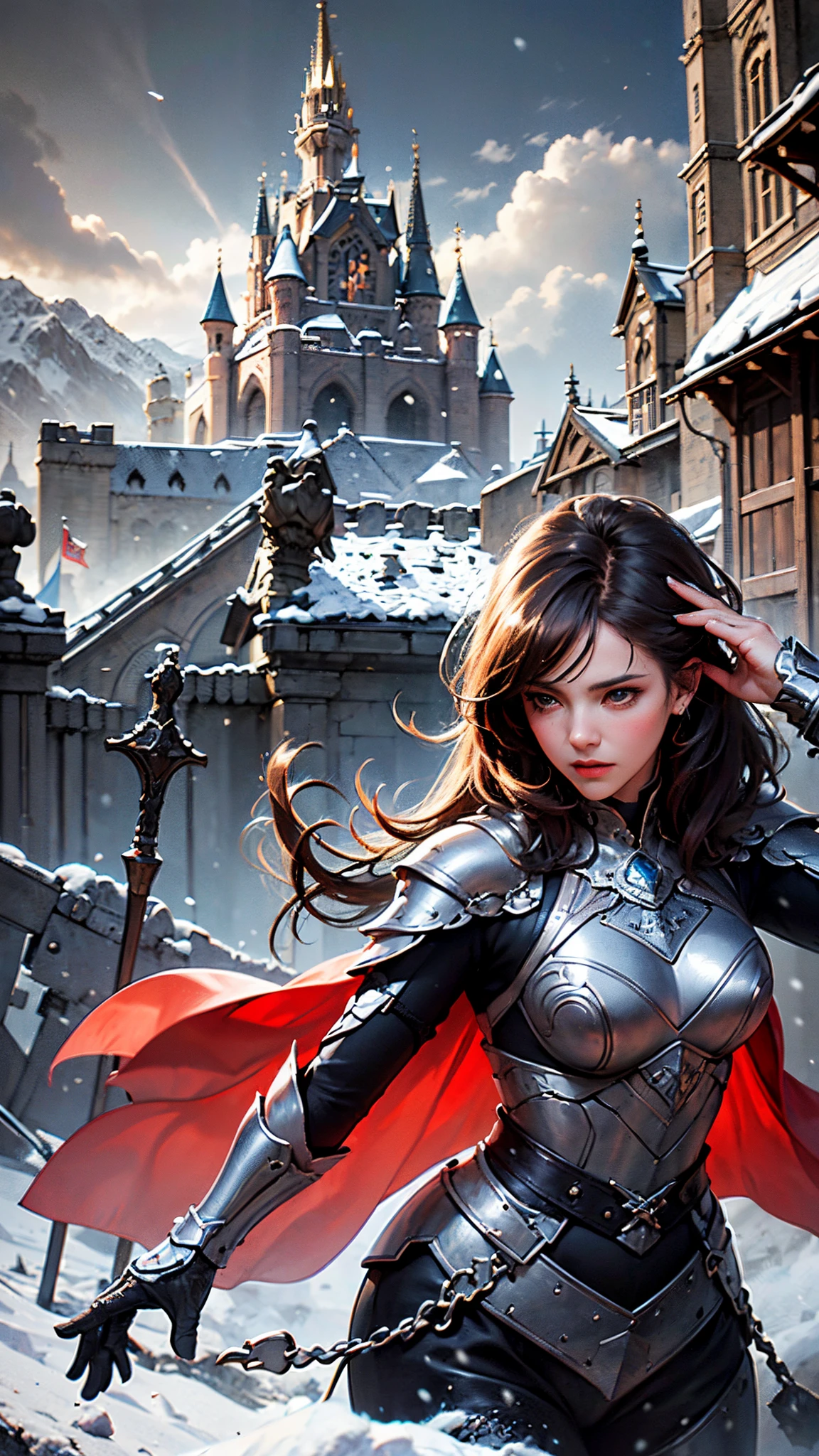 (best quality,4k,8k,highres,masterpiece:1.2),ultra-detailed,(realistic,photorealistic,photo-realistic:1.37),medieval warrior Snow White in armor holding an apple, Disney princess, detailed armor, shining metal armor, intricate engravings on the armor, apple with vibrant red color, determined and fierce expression, flowing dark hair, medieval landscape with towering castles and snowy mountains, dramatic lighting casting shadows on Snow White's face, high contrast colors, epic battle scene in the background, Cold and snowy atmosphere. --auto --s2