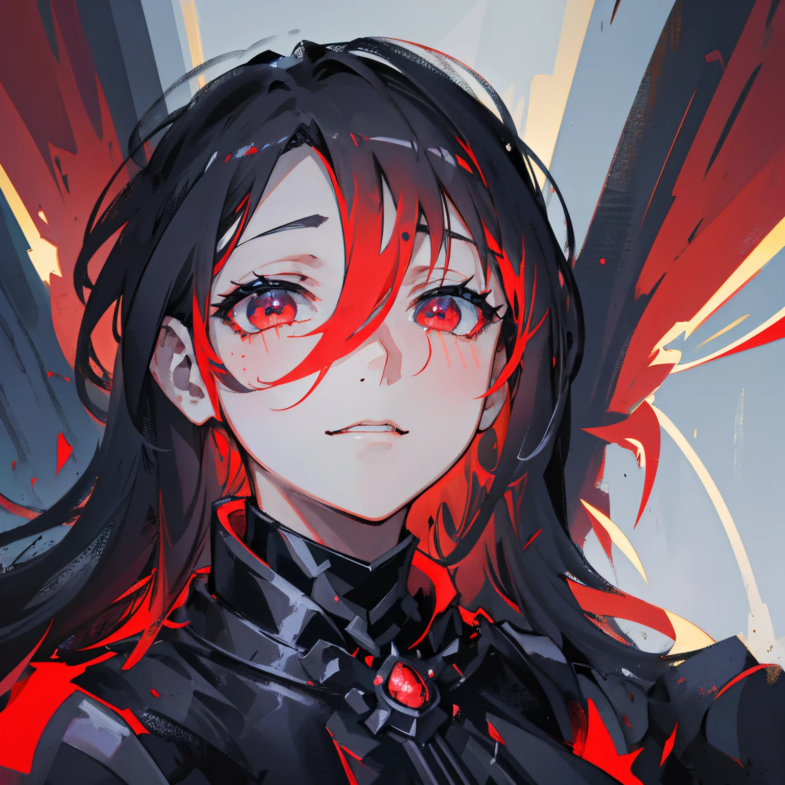 Create detailed concept art for an anime woman with the following description.:
Illustrates a brave anime girl dressed in imposing knight armor inspired by the theme of a black dragon.. Su cabello, negro profundo, cae en mechones que enmarcan con gracia su rostro. Destaca su mirada penetrante: un ojo exhibe un iris de color rojo intenso, mientras que el otro presenta un iris negro, acentuando su singularidad.
La sonrisa en su rostro es arrogante., adding a touch of determination and confidence.. Meticulously detailed knight armor incorporates design elements that evoke the imposing presence of a black dragon.. The contrast between the deep black of the armor and the vibrant red of its eyes contributes to a striking aesthetic..
The background may be an epic setting suggesting the girl's connection to the black dragon theme.., como ruinas antiguas o paisajes misteriosos. Lighting should highlight armor details and facial expression., creating an epic and captivating atmosphere.