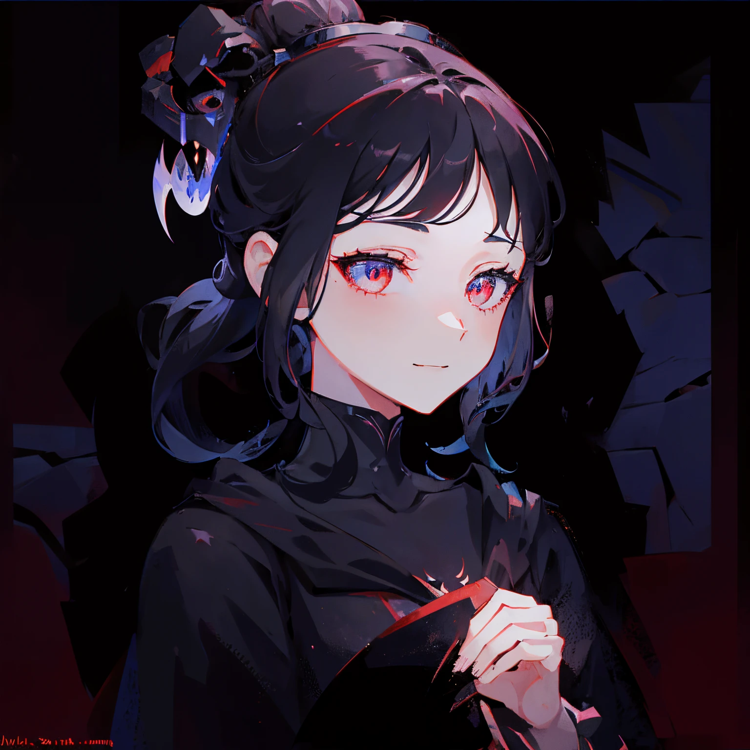 Create a detailed concept art for an anime woman with the following description:
Illustrates a brave anime girl dressed in imposing knight armor inspired by the theme of a black dragon. Her hair, deep black, falls in strands that gracefully frame her face. She highlights her penetrating gaze: one eye exhibits a deep red iris, while the other features a black iris, accentuating her uniqueness.
The smile on her face is arrogant, adding a touch of determination and confidence. The meticulously detailed knight's armor incorporates design elements that evoke the commanding presence of a black dragon. The contrast between the deep black of the armor and the vibrant red in her eye contributes to a striking aesthetic.
The background can be an epic setting that suggests the girl's connection to the black dragon theme, such as ancient ruins or mysterious landscapes. The lighting should highlight the details of the armor and facial expression, creating an epic and captivating atmosphere.