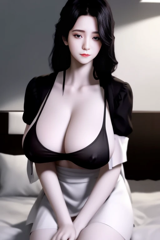 Best quality, tmasterpiece,vchan_mother,1gir,,black_hair,Wearing only a white apron,no chothes,see-through,huge breasts,huge tits