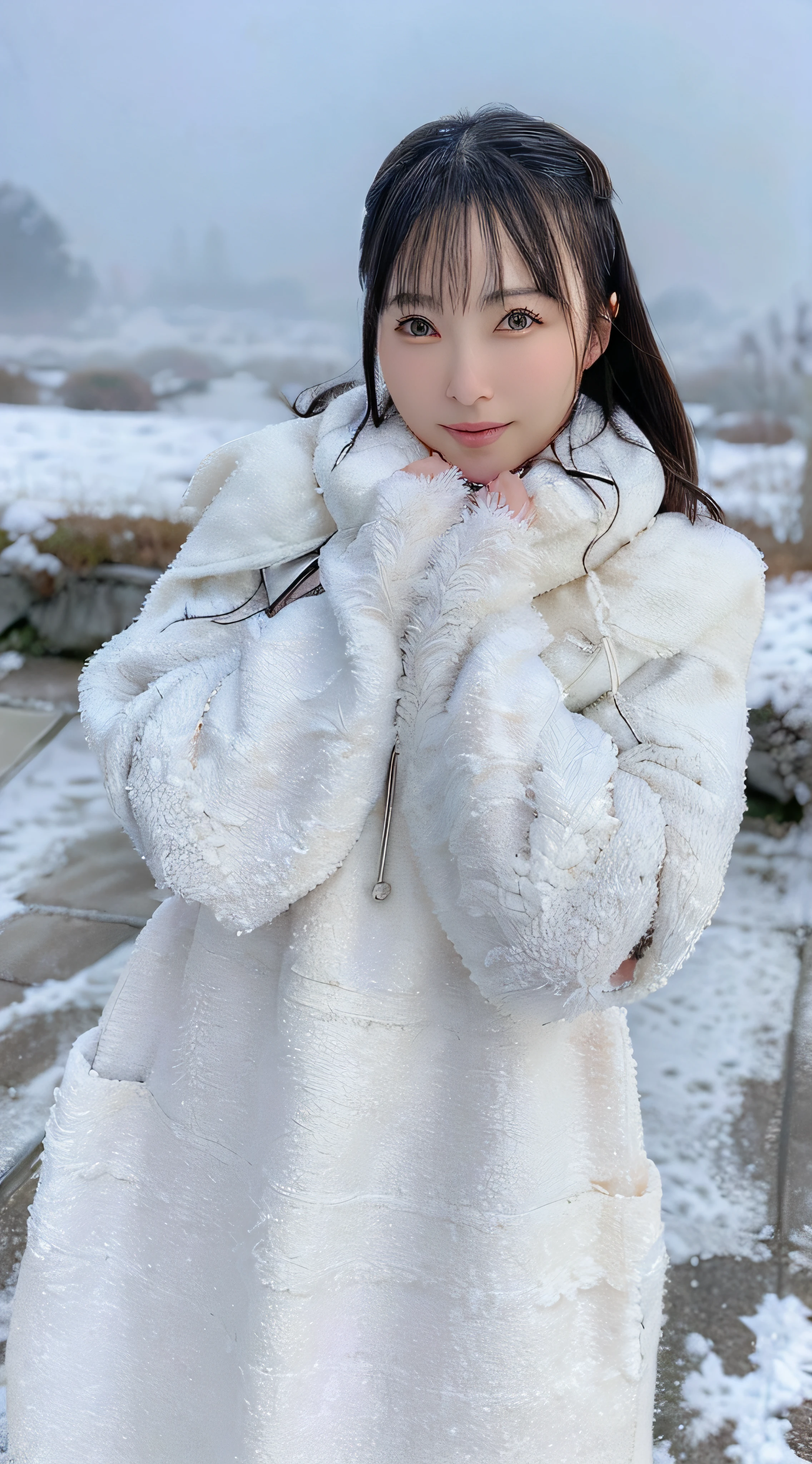 ((top-quality)), ((​masterpiece)), (detaileds:1.4),Asian woman wearing a white coat and scarf in a snowy landscape、A Japanese Lady、Winter clothing coordination、Longhaire、Looking at the camera、、High detail skin with full body portrait, realistic skin detail、Visible Pore、foco nítido、Volumetric fog、Facing the front、