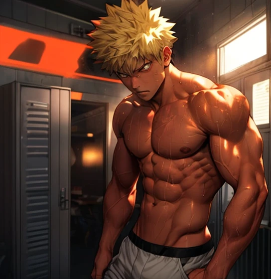 hands behind head, masterpiece, best quality red eyes, game cg, 1boy naked and V-Line sweating, solo, male focus, (looking at viewer), upper body sweating, bakugo katsuki, yellow hair, red eyes, shirtless naked, toned muscle sweating, pectorals, 8 abs, toned legs, naked legs, slightly bulged, detailed locker room, dynamic lighting, well lit, naked body, explosionmagic in the air, glowing aura in the background