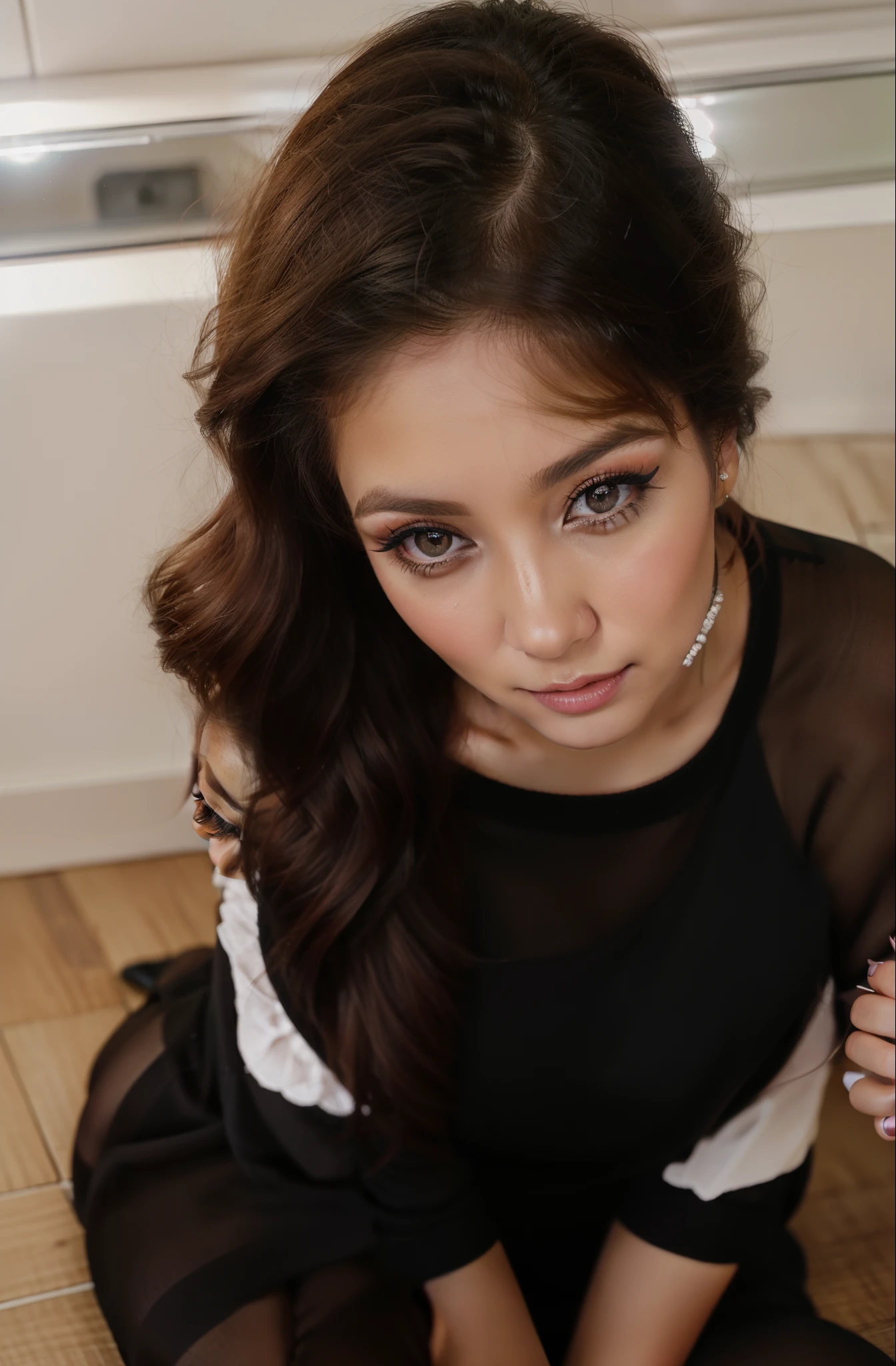 there is a woman sitting on the floor with a cell phone, youtube video screenshot, with cute doting eyes, shocked look, camera angle looking up at her, thick fancy makeup, with professional makeup, 8k selfie photograph, selfie of a young woman, taken with canon eos 5 d mark iv, looking up at camera, lovingly looking at camera