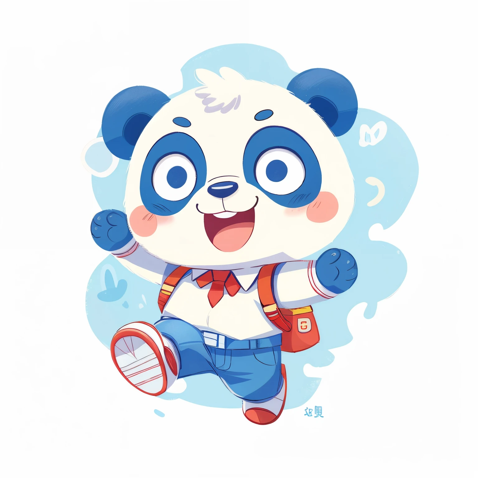 Cartoon panda running with tie, cute panda,Wearing a white school uniform and blue jeans,Carrying a school bag， cute cartoon character, japanese mascot,Sam, dancing figures, Mascot illustration,Official illustration, hd illustration