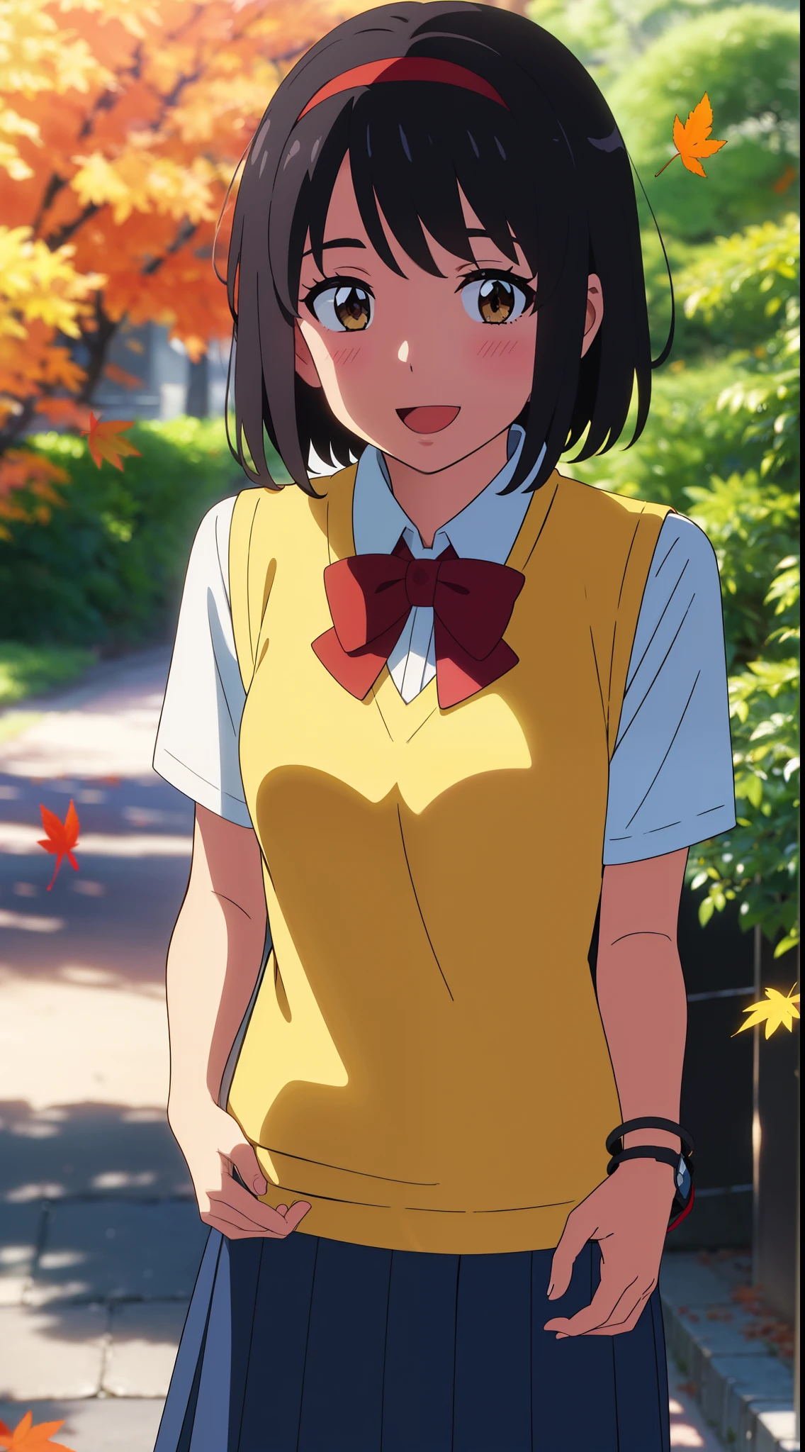 (masterpiece, best quality, high quality, highres, ultra-detailed), shinkai makoto, kimi no na wa., 1girl, bangs, black hair, blush, bright eyes, brown eyes, headband, looking at the viewer, red bow, red headband, red ribbon, school uniform, shirt, sweater vest, vest, white shirt, yellow sweater vest, yellow vest, skirt, blue skirt, short sleeves, short hair, medium breasts, solo, day, Outdoors, shiny skin, standing, shadow, smile, happy, :D, bracelet, upper-body, {{{{{{in autumn}}}}}}, maple tree, falling leaves, autumn scenery, warm color., beautiful, pretty, {{{{fluttering leaves}}}}