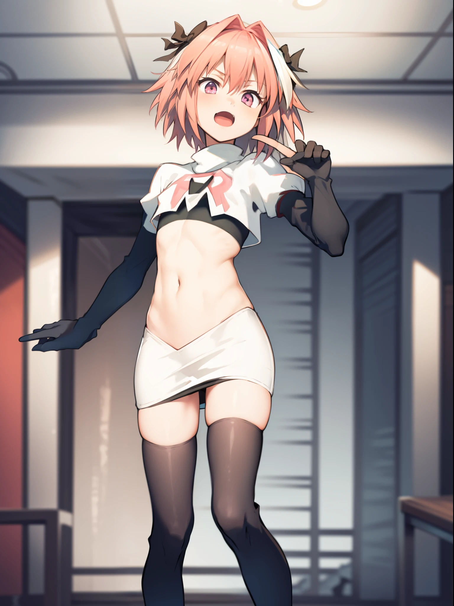 absurdres, masterpiece, best quality, (astolfo fate:1.2155), 1boy, male focus, trap, pink multicolored hair, pink hair, white hair, hair intakes, long hair, pink detailed eyes, crossdressing,1boy, team rocket,team rocket uniform, red letter R, white skirt,white crop top,black thigh-highs,black elbow gloves