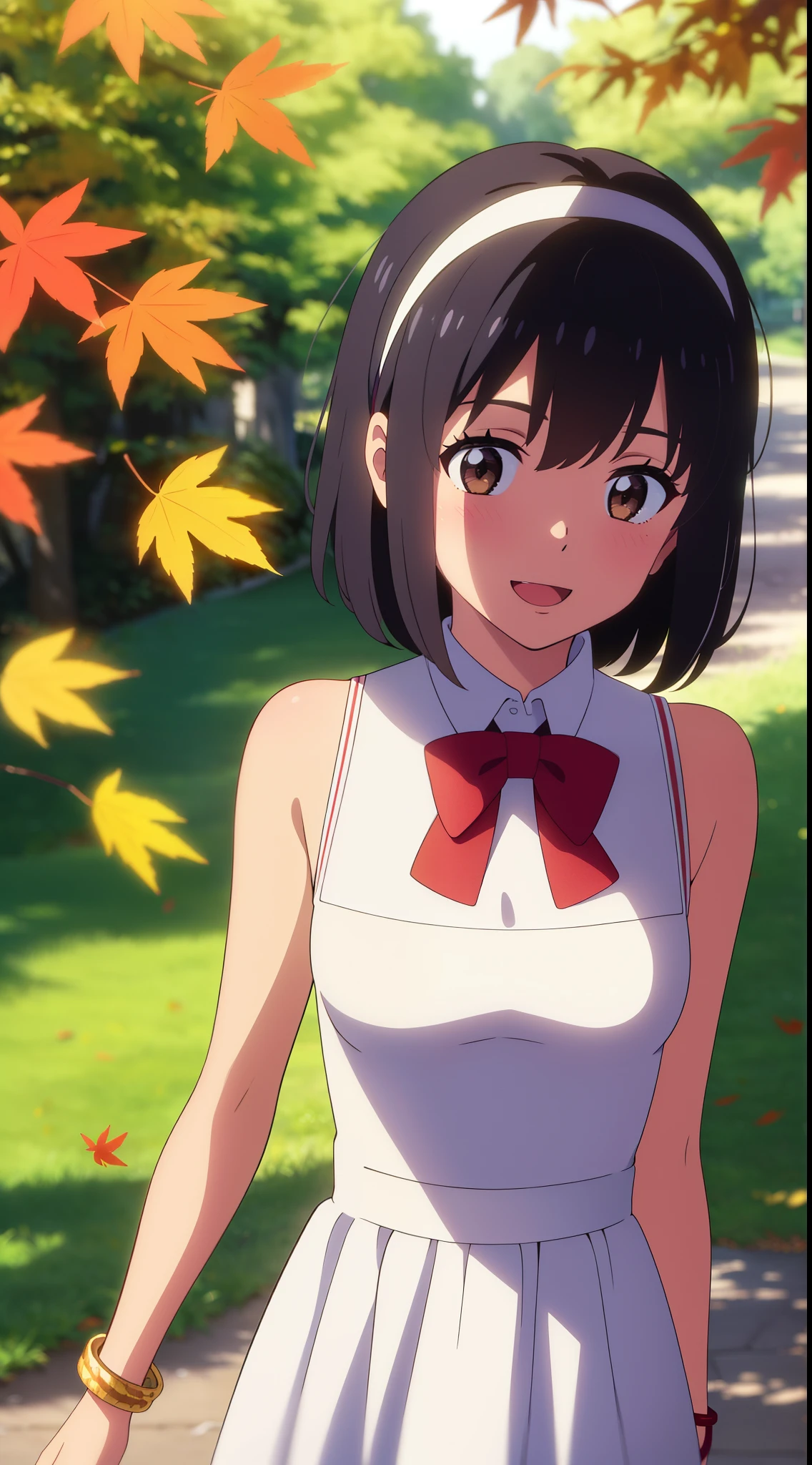 (masterpiece, best quality, high quality, highres, ultra-detailed), shinkai makoto, kimi no na wa., 1girl, bangs, black hair, blush, bright eyes, brown eyes, headband, looking at the viewer, red bow, red headband, red ribbon, dress, white dress, short hair, medium breasts, solo,  day, Outdoors, shiny skin, standing, shadow, smile, happy, :D, bracelet, upper-body, {{{{{{in autumn}}}}}}, maple tree, falling leaves, autumn scenery, warm color., beautiful, pretty, {{{{fluttering leaves}}}}