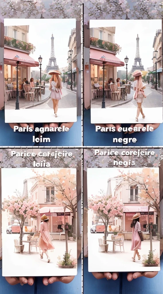 illustration of a woman walking on a street in Paris, France. The image is in a soft pastel color palette with a focus on pink and peach tones. The woman is wearing a flowing orange dress and a turquoise green hat. She is walking past a cafe with a pink awning and a table with a white tablecloth and pink flowers. The Eiffel Tower can be seen in the background. The image has a dreamy and romantic atmosphere. watercolor style
