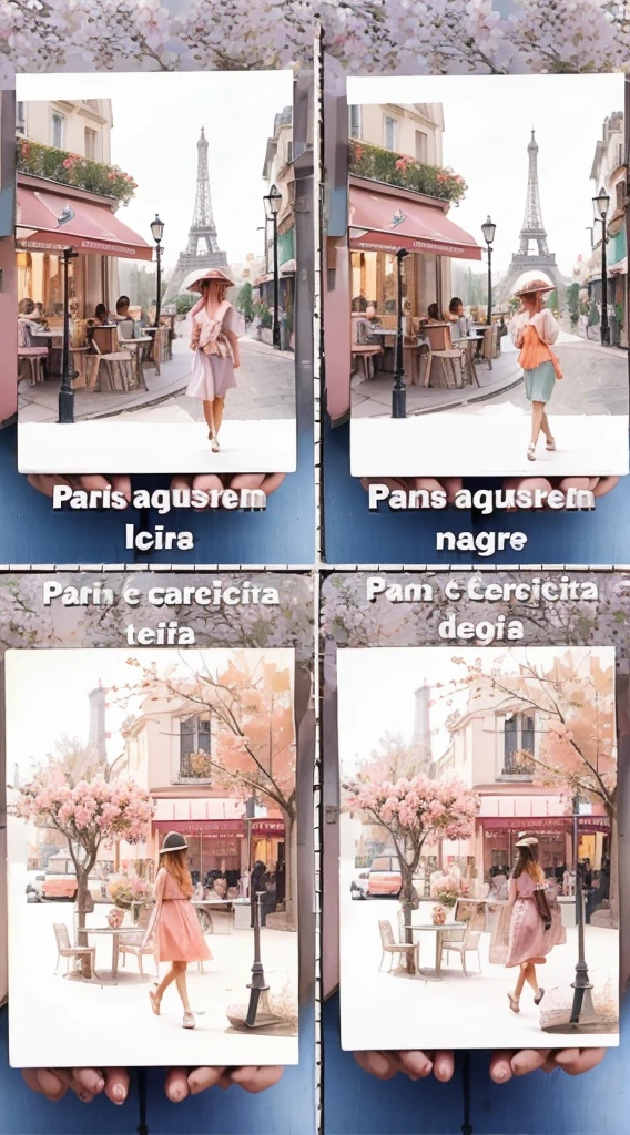 illustration of a woman walking on a street in Paris, France. The image is in a soft pastel color palette with a focus on pink and peach tones. The woman is wearing a flowing orange dress and a turquoise green hat. She is walking past a cafe with a pink awning and a table with a white tablecloth and pink flowers. The Eiffel Tower can be seen in the background. The image has a dreamy and romantic atmosphere. watercolor style