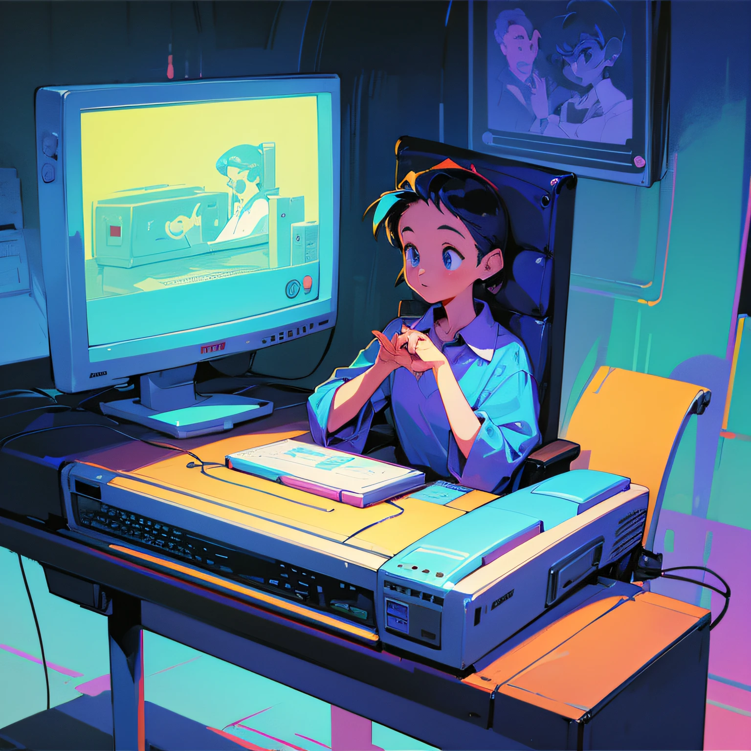 cartoon illustration of a person using a computer in the 90s with a CRT monitor