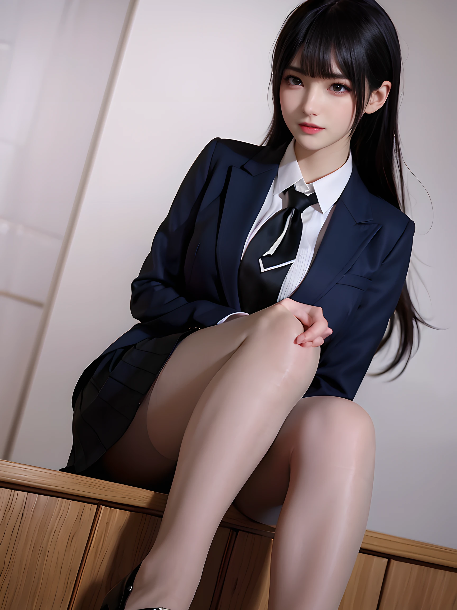 Elegant upper class elite secretary wearing business shirt, working in an office、Wearing a smart business suit, Wear pantyhose、Wear high-end high heels、 Girl in shirt, dressed in a suit, dressed in a suit, dressed in a suit, female business-person, business clothes, wearing black suits, Wear a shirt and skirt, Woman in a suit, Professional Dress, Professional Dress, RAW photos, (8K、top-quality、tmasterpiece:1.2)、(intricately details:1.4)、(真实感:1.4)、octane renderings、Complex 3D Rendering Ultra Detail, Studio soft light, Edge lights, vibrant detail, super detailing, realistic skin textures, detailface, beautidful eyes, Very detailed CG Unity 16k wallpaper, cosmetics, (detailedbackground:1.2), exposing thighs!!!,